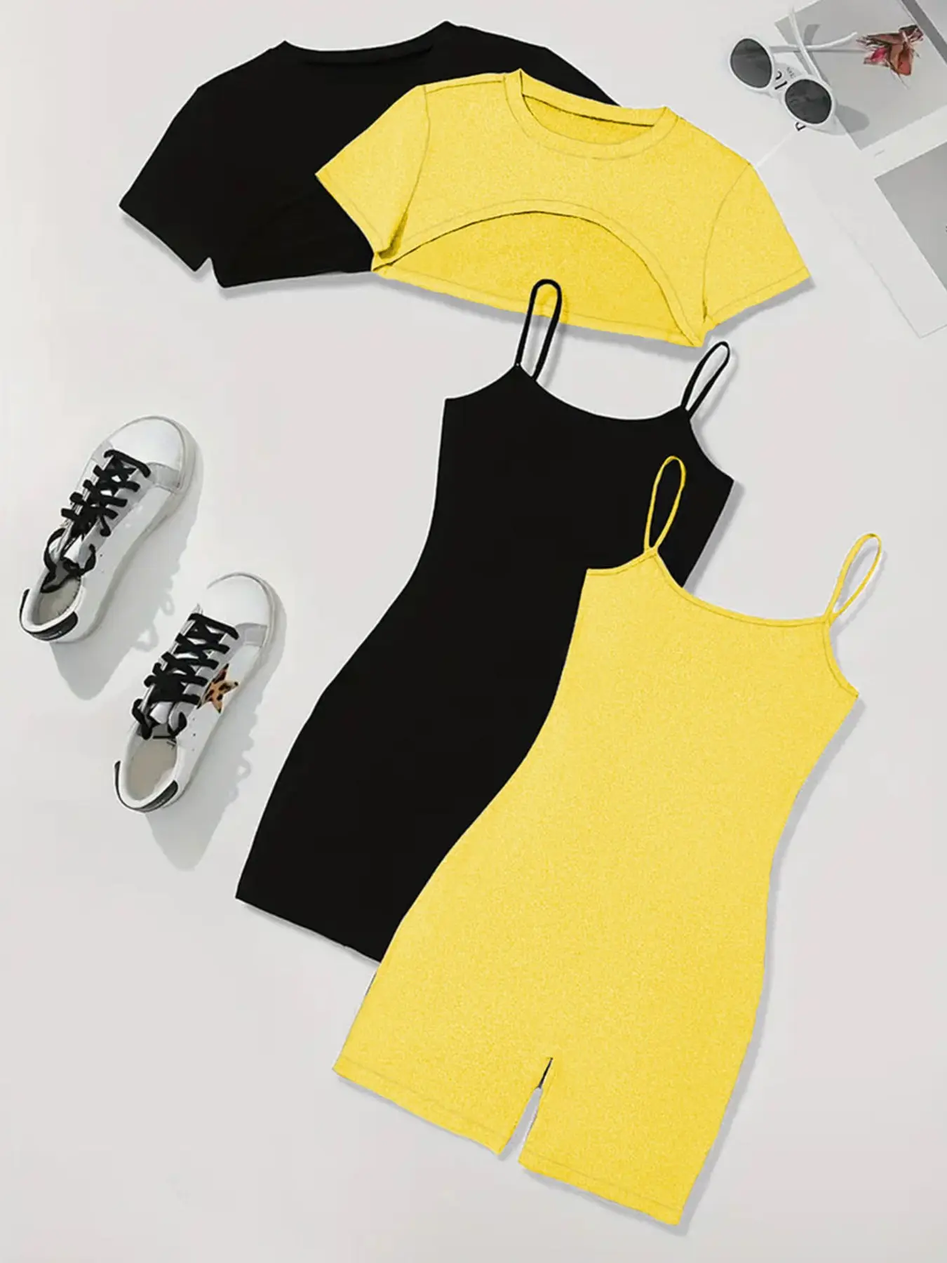 2 Piece Set: Crop Top + Romper Bodycon, Casual Chic Fitted Glossy Plain Knit Design, All Seasons Wear, Lightweight Comfortable Style, Cropped, Bodysuit