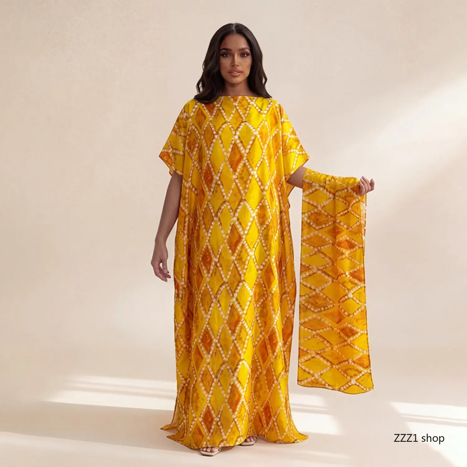 Women's African Kaftan Set, Loose Dubai Gown with Yellow Rhombus Grid and Scarf, Breathable for Summer Beach Vacations, Casual Kaftan Dress, Adults, Matching Scarf