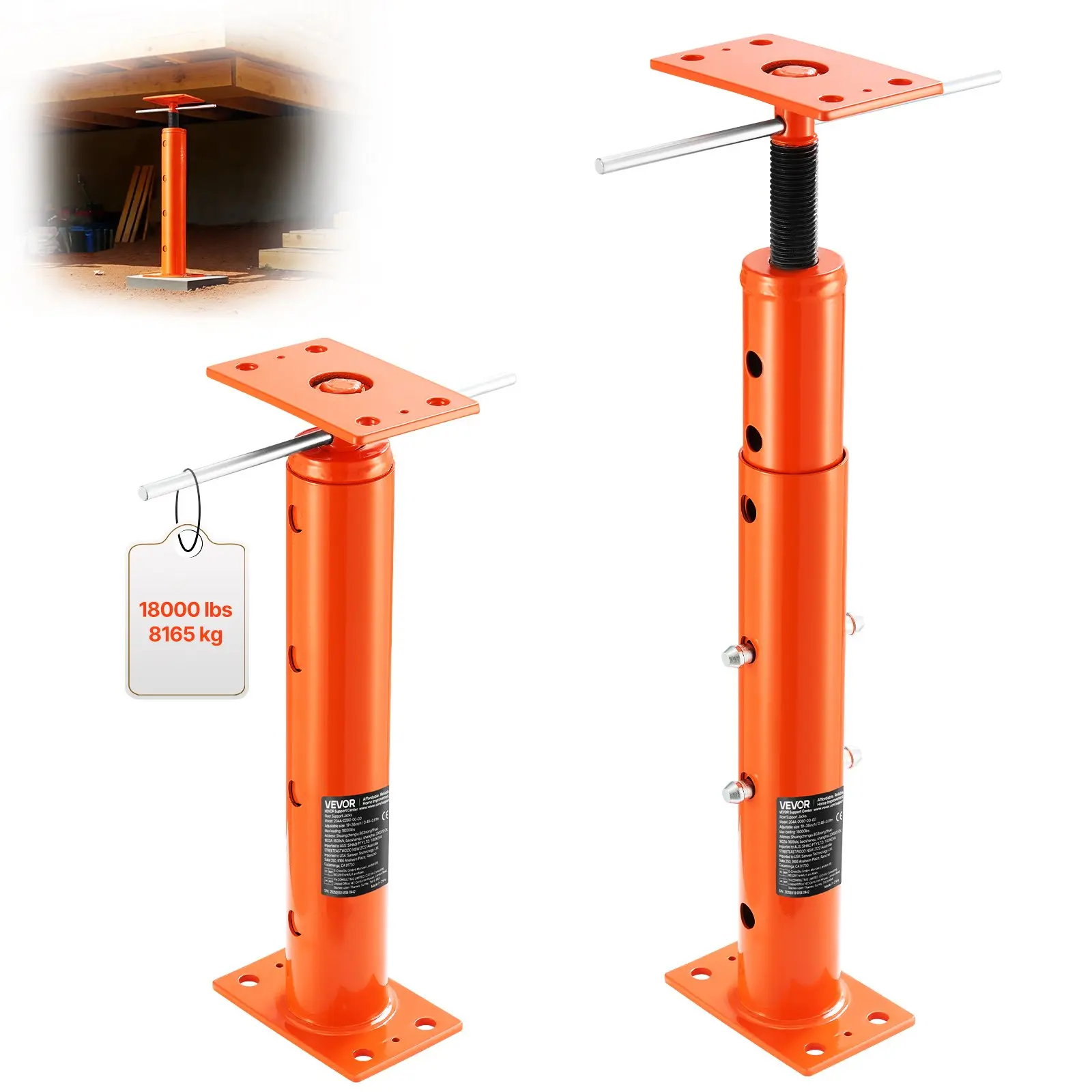 VEVOR House Floor Jack, 19"-36" Height Range, 18000 lbs Max Load Capacity, Adjustable Support Beam Basement Jack Post Pole for Leveling, Lift Support Steel Telescoping Jack Post for Temporary Support