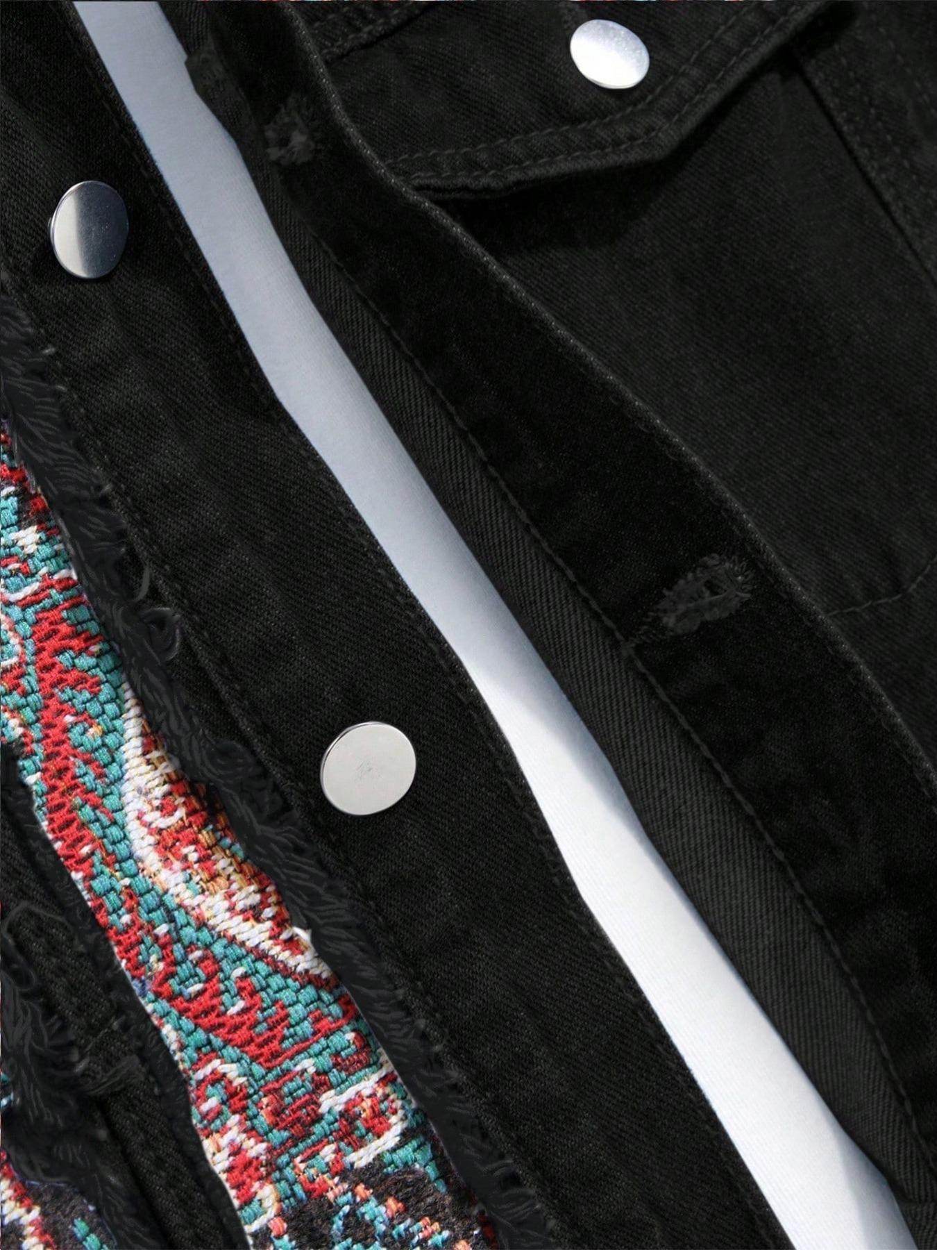 Men's Ethnic Pattern Embroidery Denim Jacket, Loose Casual Long Sleeve Button Front Outerwear for Spring & Fall, Fashion Men's Clothes for Daily Wear