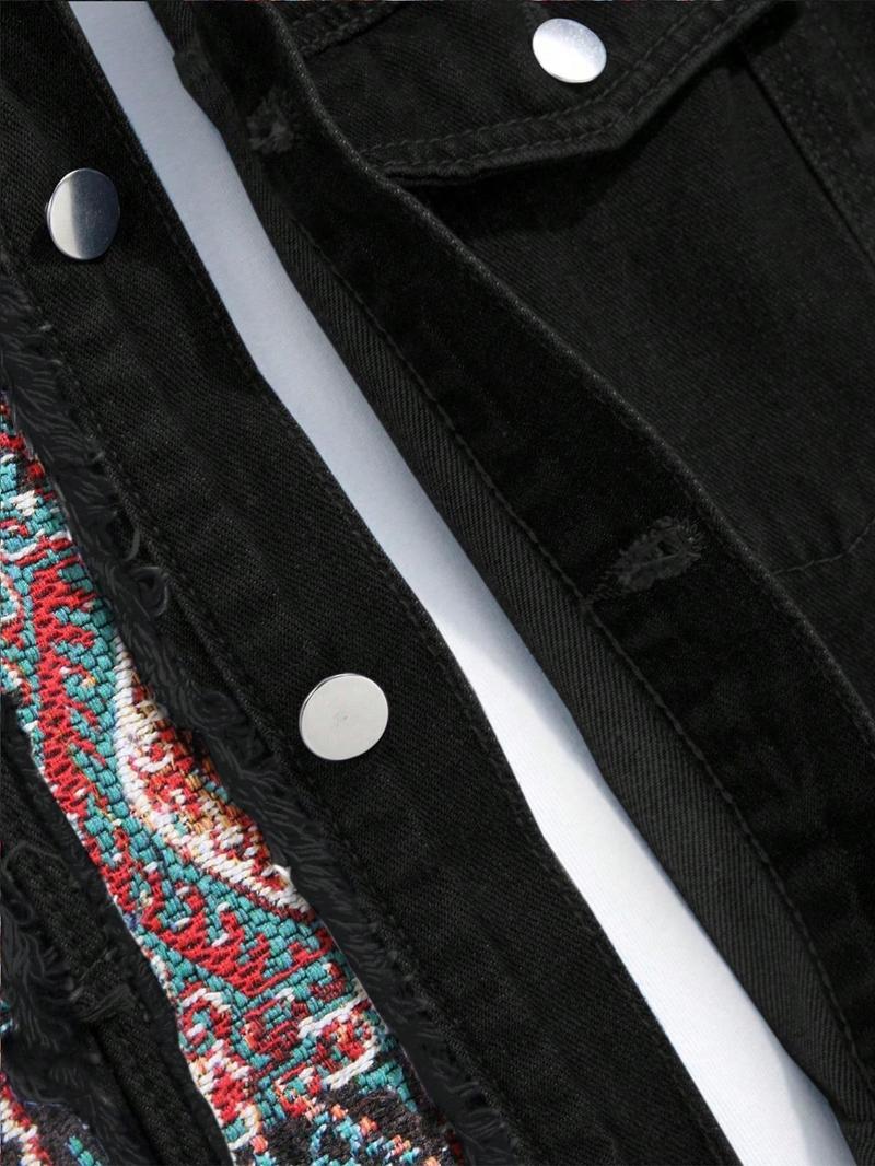 Men's Ethnic Pattern Embroidery Denim Jacket, Loose Casual Long Sleeve Button Front Outerwear for Spring & Fall, Fashion Men's Clothes for Daily Wear