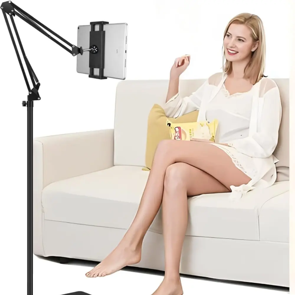 360° Rotating Floor Tablet Stand with Sturdy Base, Stretchable Overhead Arm, Adjustable Angle & Height Lazy Holder for Bed, Compatible with iPad, iPhone, Galaxy Tab, Kindle & All Phones