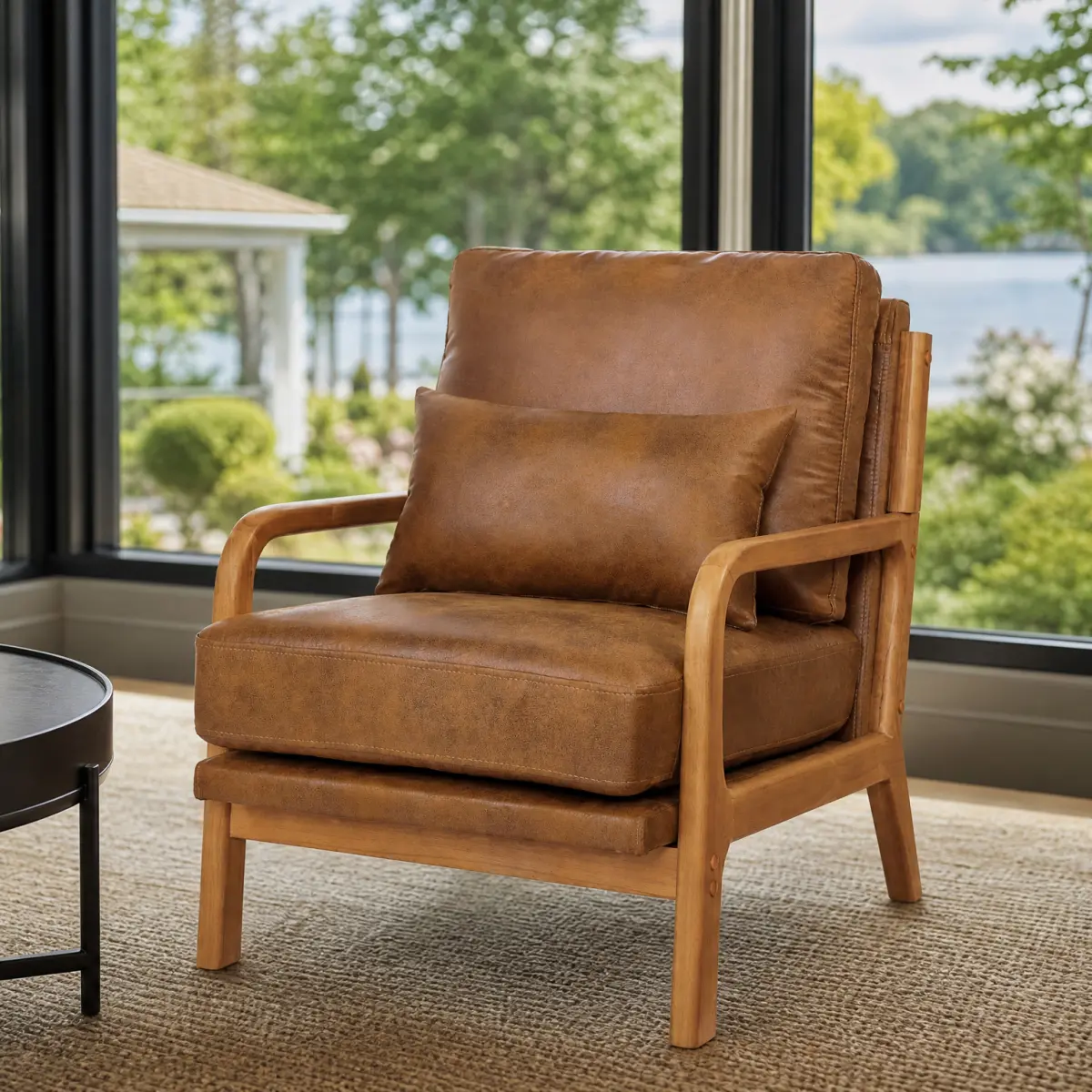 Mid Century Modern Accent Chair with Wood Armrests, Upholstered Lounge Chair with High Density Foam Cushion, Comfy Reading Chair for Living Room Bedroom Office, Small Space Armchair, Light Brown