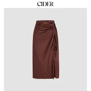Cider Satin Drawstring Split Midi Skirt