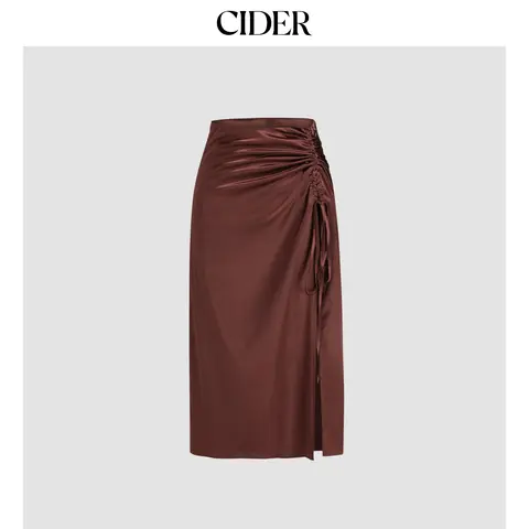 Cider Satin Drawstring Split Midi Skirt