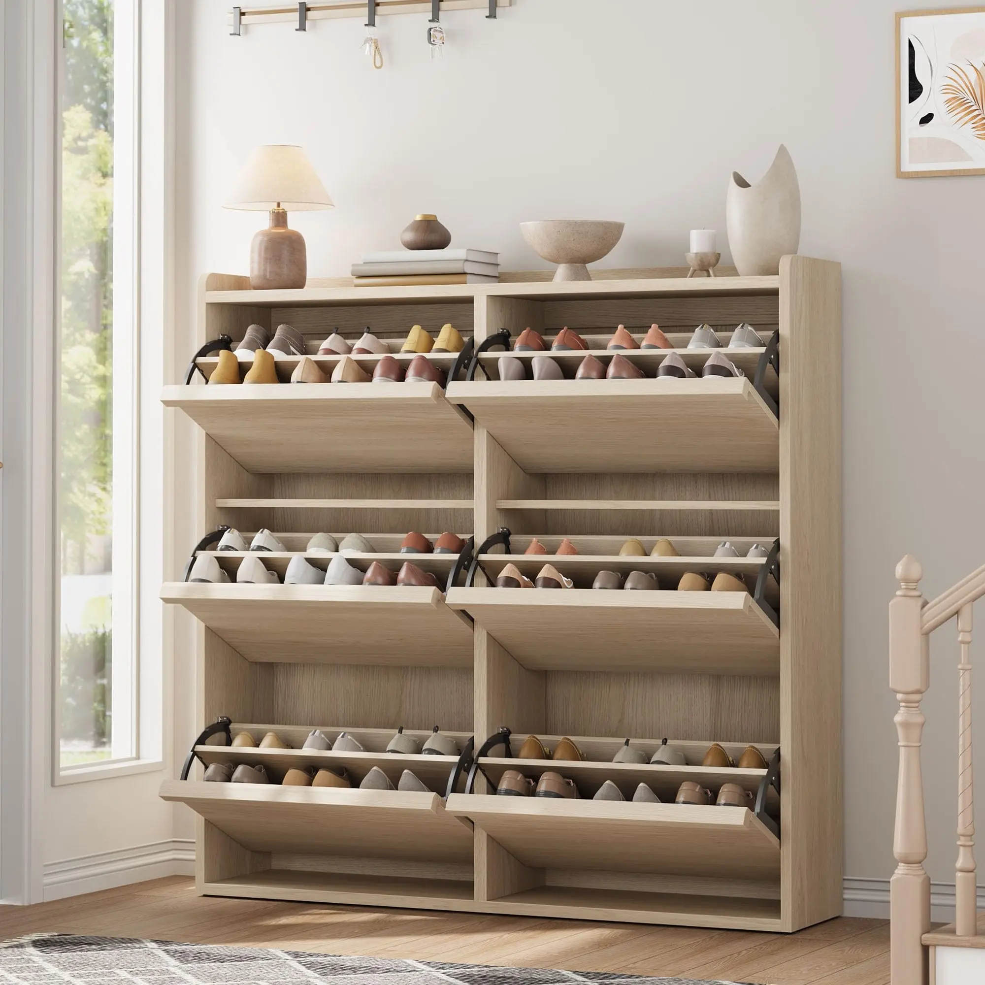 Garvee Space-Saving Narrow Shoe Cabinet - Modern Wooden Freestanding Hidden Shoe Storage Organizer, Fold-Down Drawers, Adjustable Shelves - for Hallway/Closet/Foyer - Natural Oak