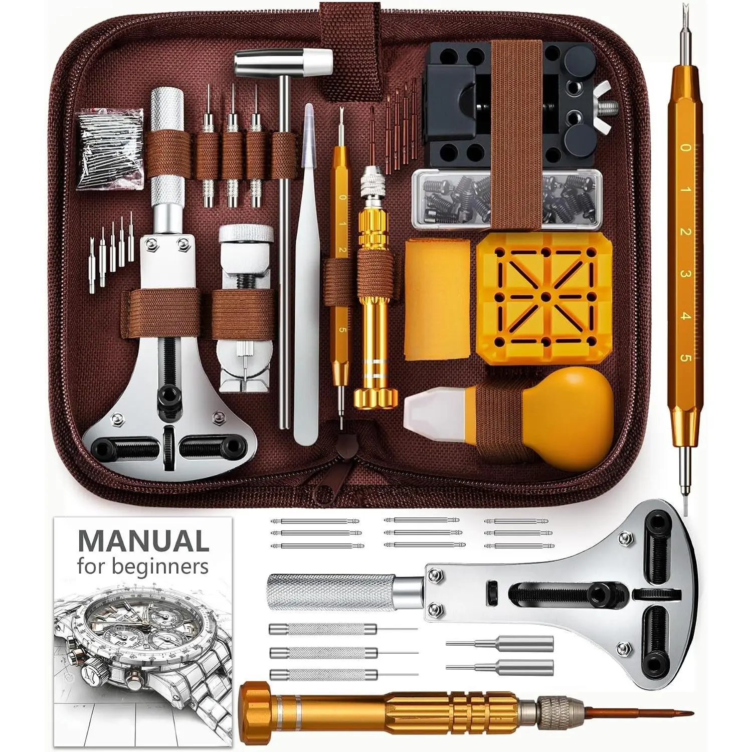 Beginners Watch Repair Kit: 149 count Watch Tools with Manual for Link Removal and   - 108 Spring Bars for Strap Adjustment,  for DIY Enthusiasts