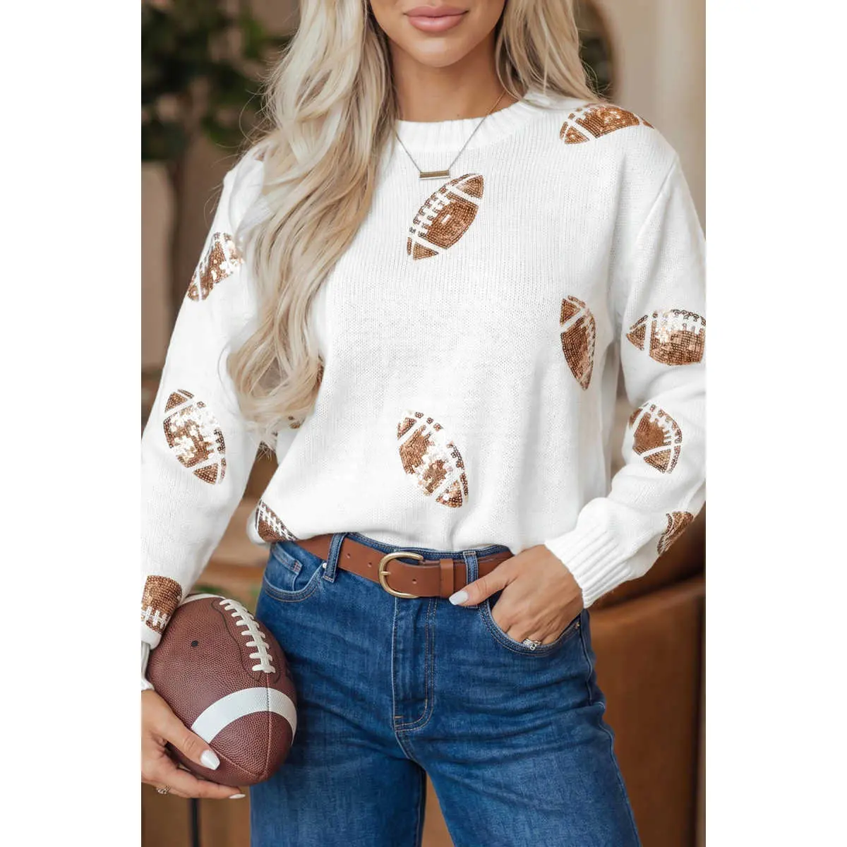 Women's Football Sequin Knit Sweater, Shiny Casual Pullover with Long Sleeves in a Comfortable Loose Fit, Longsleeves, Soft, Ribbed, Tops