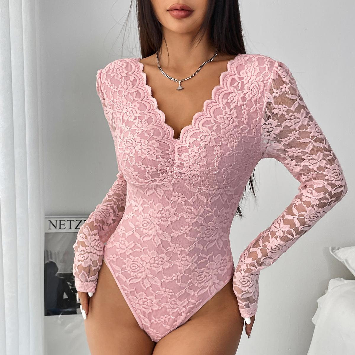 ChromaChic LEE Christmas Womens Elegant Lace Long Sleeve See Through Jumpsuit Sheer Bodysuit with Back Bow Hand Washable Wedding Night Dress Valentines Gift Bridal Lingerie lencería  fina