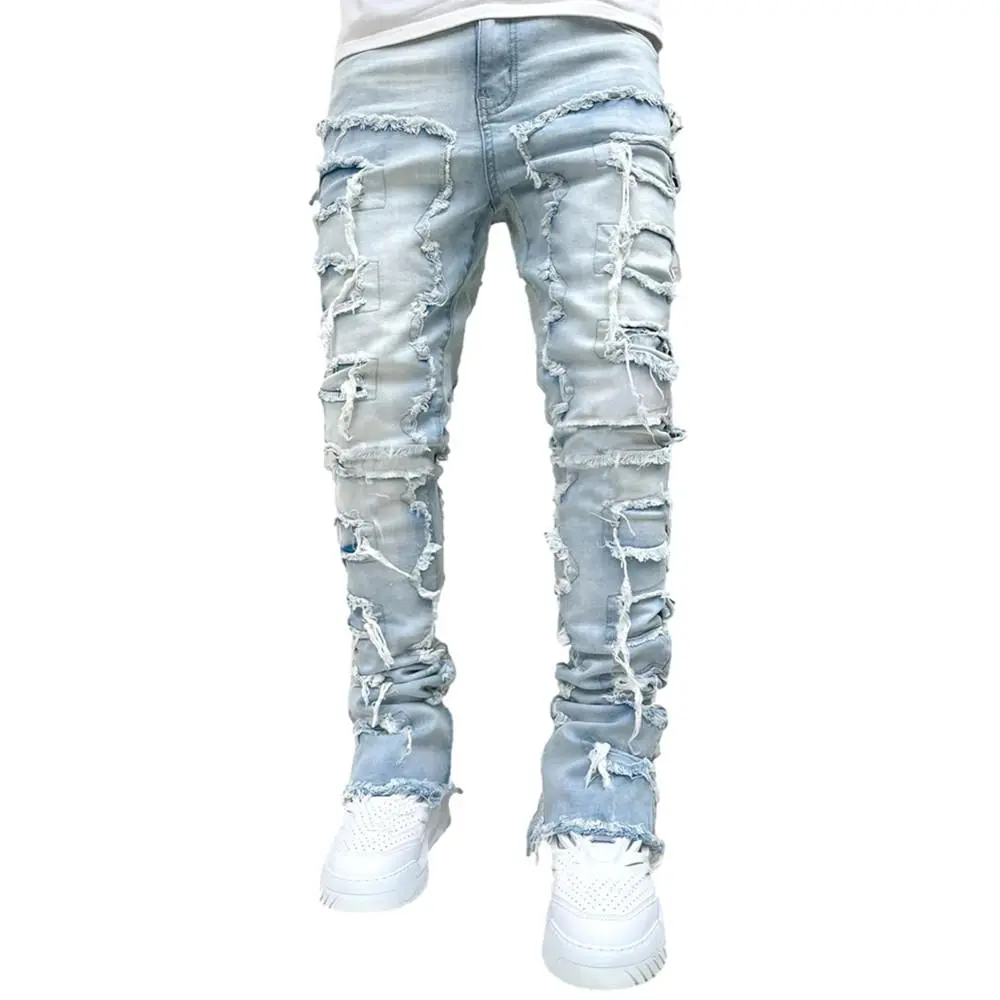 Streetwear Biker Jeans for Men, Spliced Stacked Denim with a Slim Straight Fit and Casual Streetwear Edge