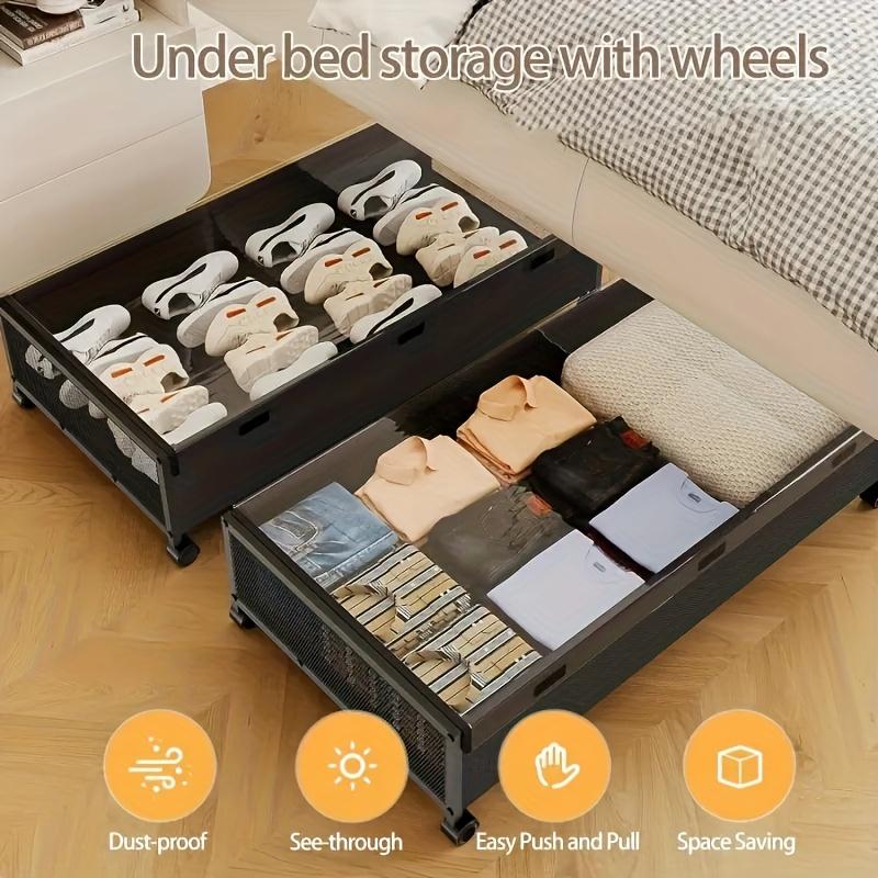 2pcs Under Bed Storage with Wheels, Underbed Storage Containers with Clear Lids - Rolling Drawers & Bins for Clothes, Shoes, Toys, Books, Blankets, Bedroom Storage Box Black And Gray, Under-Bed Storage