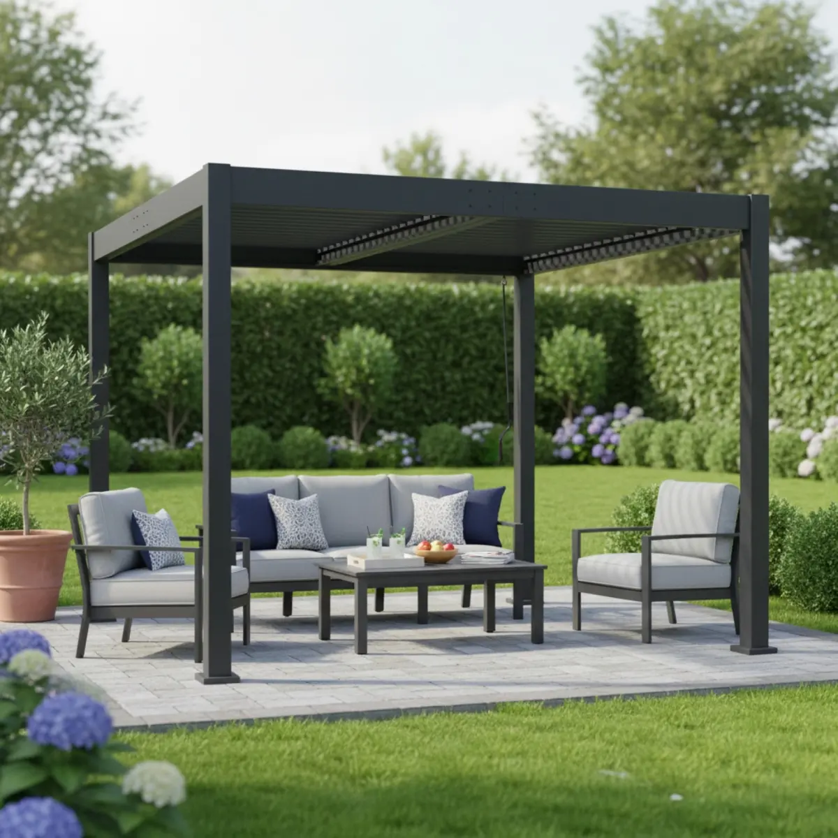 Christopher Knight Home® Byron Modern Square Freestanding Outdoor Pergola, 117x117" Aluminum Frame with Adjustable Louvered Roof, Adjustable Roof