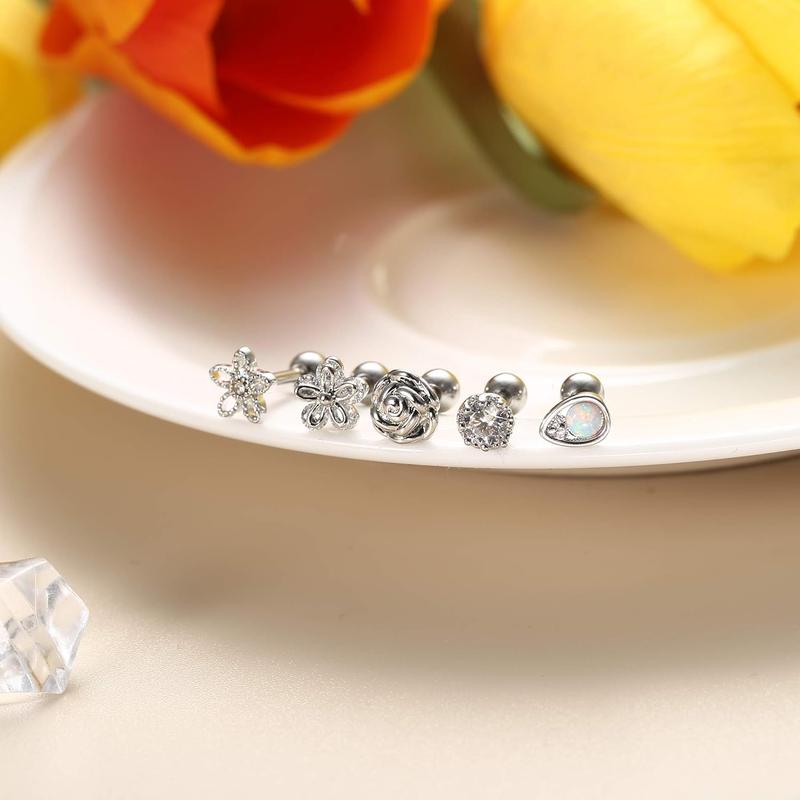 Fansilver 16 Count 16G Cartilage Earrings Studs for Women Surgical Stainless Steel Helix Tragus Hoop Piercing Earrings Set Opal CZ Cartilage Earrings with Hollow Chains & Forehead Piece