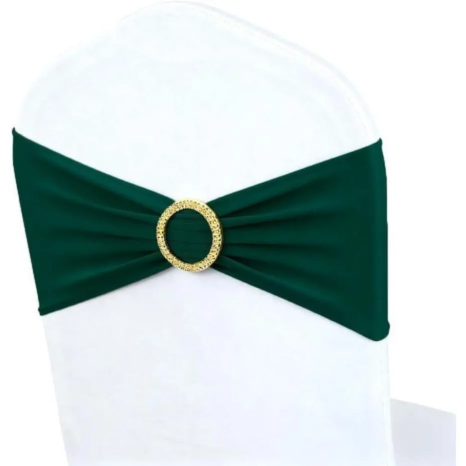Hunter Green Spandex Chair Sashes Bulk Pack (50), Dark Green Chair Bands with Gold Buckle Slider for Wedding, Birthday Party Decorations, Graduation & Engagement Party Decor