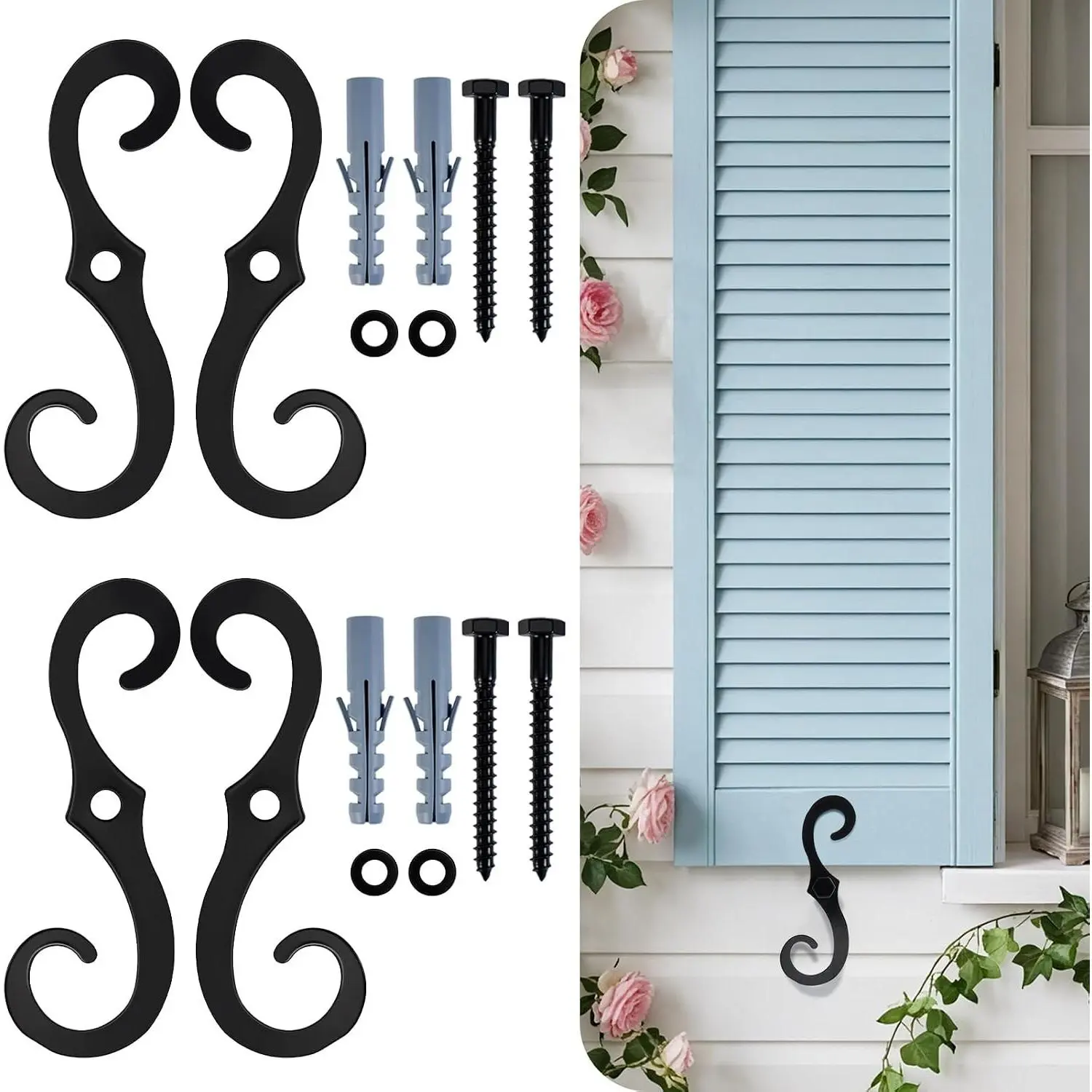 4 Pack 6.3 Inch Black S Style Shutter Dogs Hardware with Mounting Screws | Decorative Metal Tieback Fasteners for Exterior Shutters, Window Accents and Traditional Home Hardware