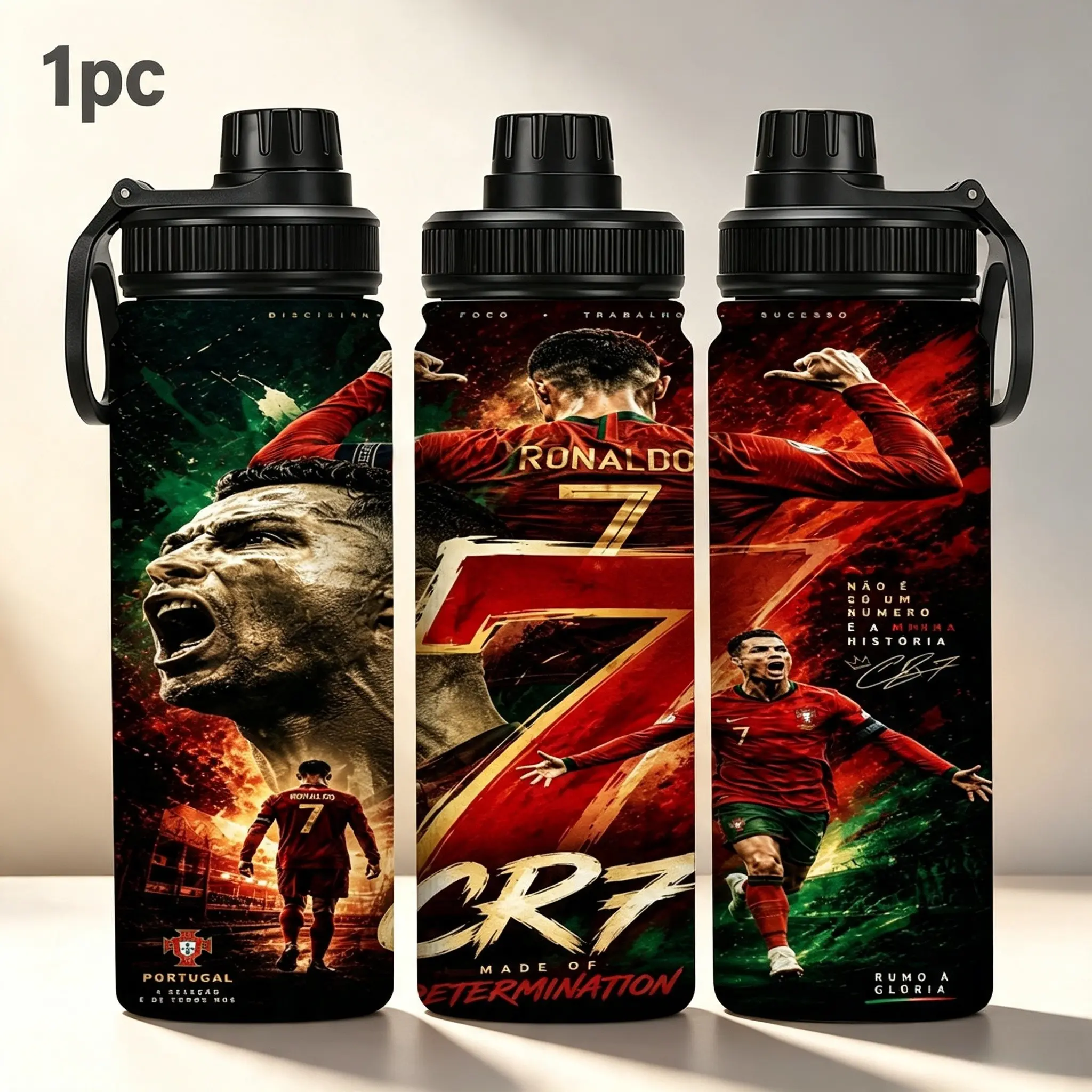 1pc 20/33oz Greenfield Star Cristiano Ronaldo Portugal-themed large-capacity water bottle, trendy retro print, portable insulated drink cup for car or hiking use