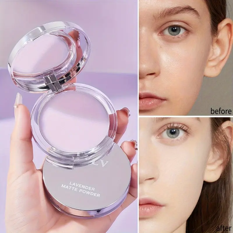 Lavender Matte Setting Powder with Powder Puff - Oil-Control, Long-Lasting, Waterproof Pressed Powder for All Light Beige Types, Natural Finish & Strong Coverage, Tightening & Shaping Formula, Sleek Compact Design, Face Powder