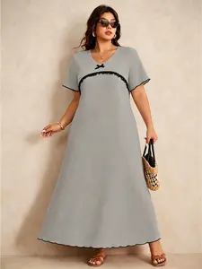 Plus Size Women's Solid Color Ribbed Knit Long Dress, Short Sleeve V Neck Ruched Bow Lace Design, Ideal for Home and Daily Walks