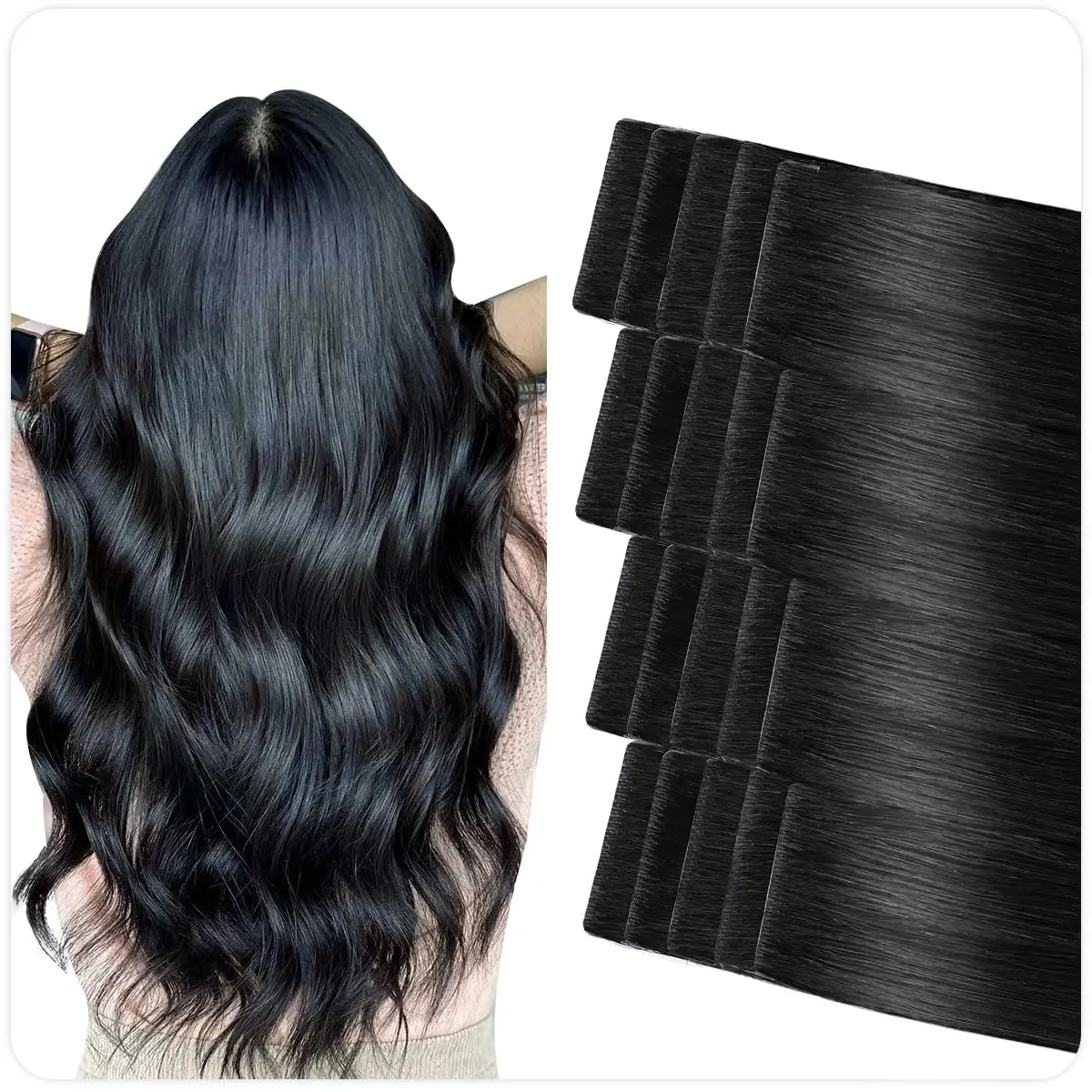 Invisible Tape in Hair Extensions Human Hair Jet Black Seamless Injected Hand-Tied Pro Quality Virgin Human Hair 20 count 40G/Pack Straight Tape Ins(14 inch #1 Jet Black)