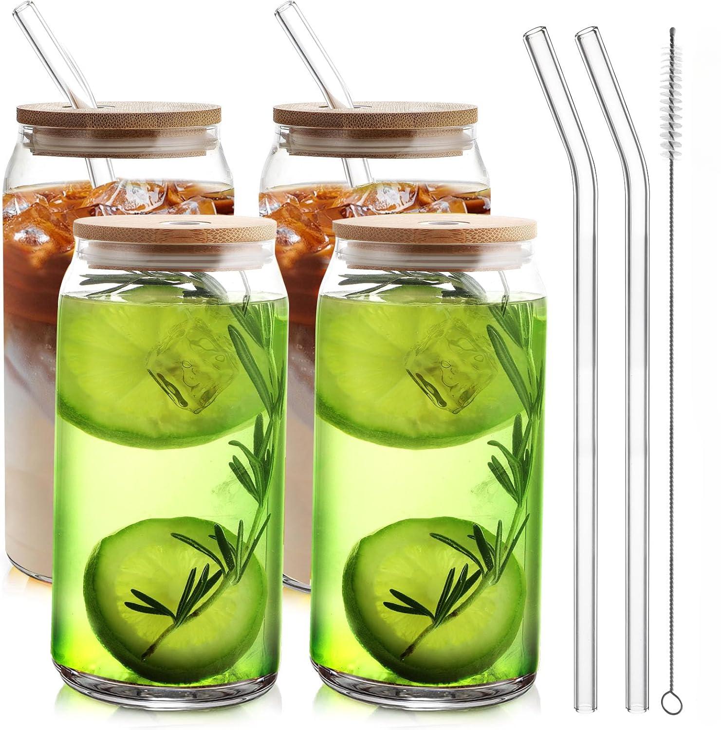 Glass Cups with Bamboo Lids and Straws 4pcs Set, 16oz Can Shaped Drinking Beer Glasses, Iced Coffee Cups, Cute Tumbler with 1 Cleaning Brush, Ideal for Cocktail, Whiskey, Tea, Gift