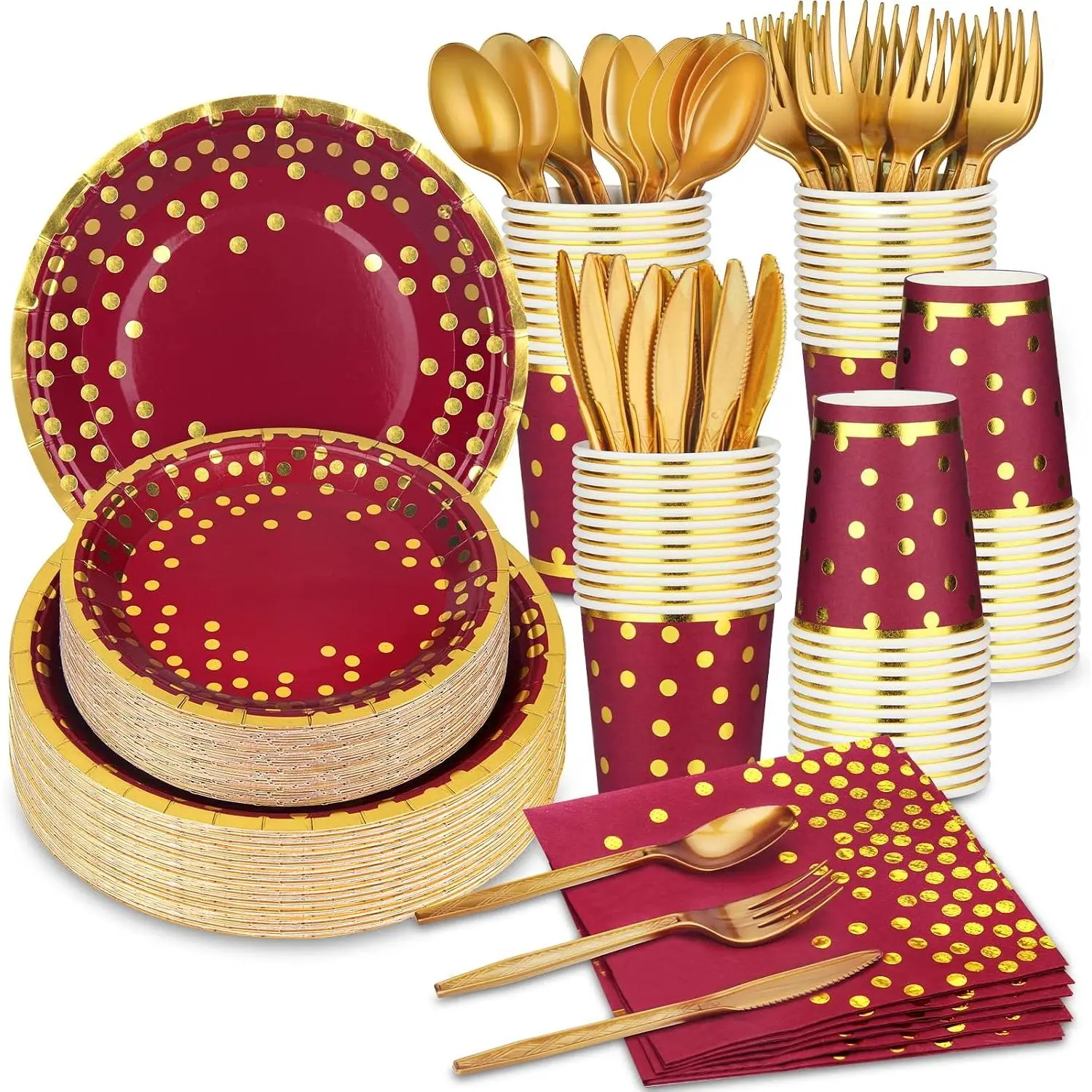 140 count Burgundy &  Party Supplies -  Dot Disposable Dinnerware - Paper Plates, Napkins, Cups, Plastic Forks, , Spoons for Christmas, Wedding, Graduation Decoration