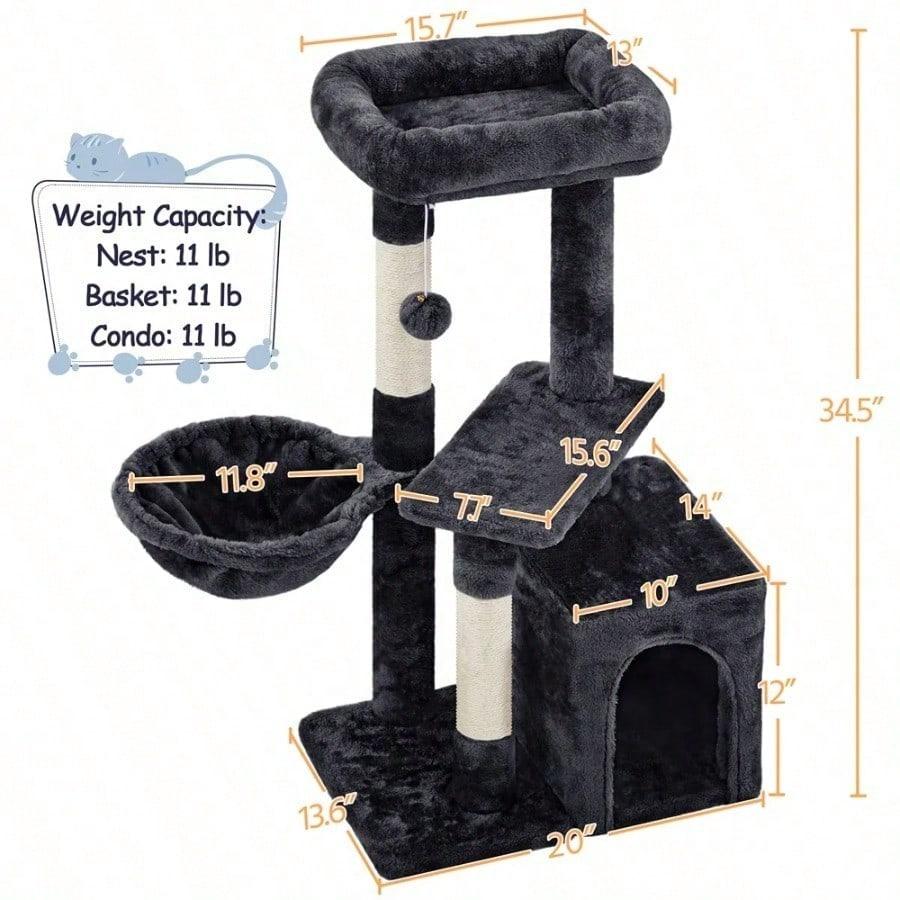 34.5" H Cat Tree Tower With Condo And Perches, Dark Gray,This Cat Tree Has Multiple Levels For Cats To Play And Sleep.