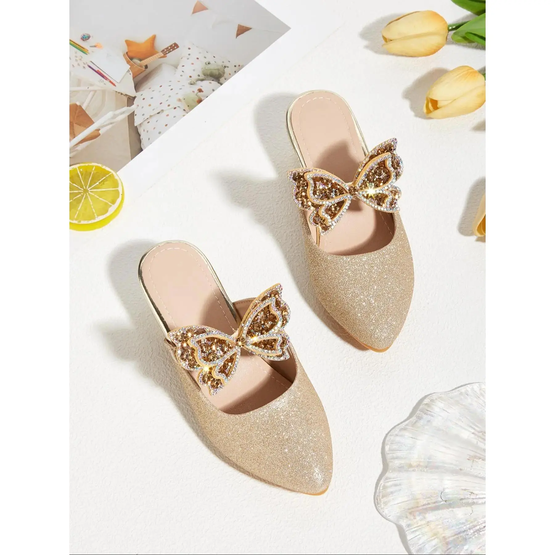 Girls' Elegant Glitter High Heels, Pointed Toe PU Leather Party Sandals with Bow Accent for Summer, Fashionable, Synthetic, Yes, 11 - 12 Years