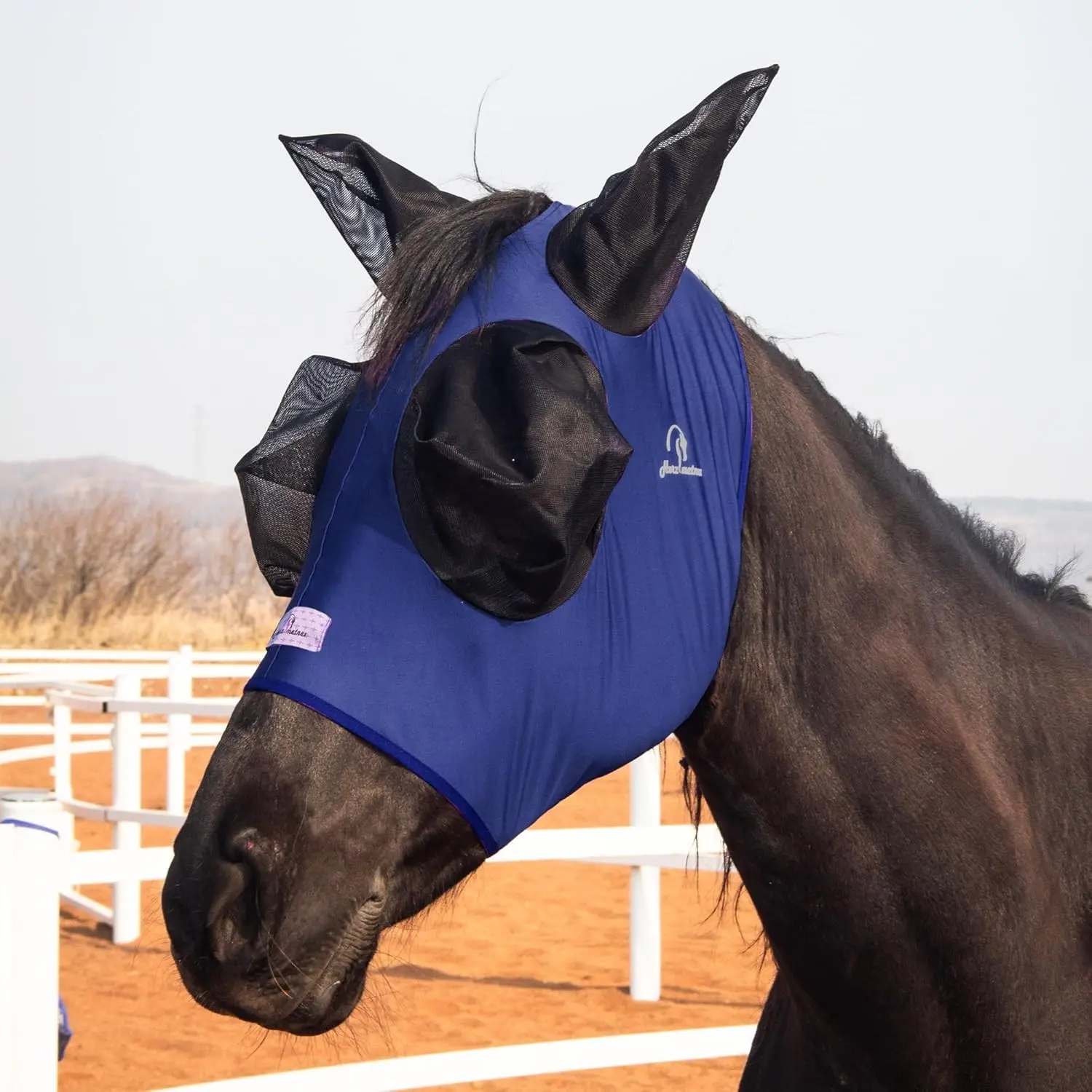 Stretchy Horse Fly Mask - Navy Blue, Cob (Medium) - Extra-Large Eyes, Mane Opening, Soft Fabric, Breathable Mesh, Tangle-Free Design, Enhanced Visibility