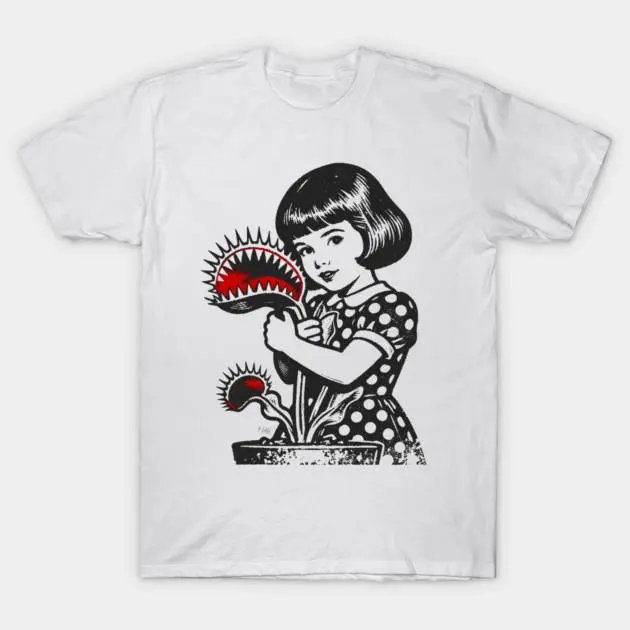 Men's Comfortable Short-Sleeve Casual Everyday Vintage Retro Girl & Venus Flytrap Distressed Block Print White Cotton T-Shirt, Shortsleeve, Printed
