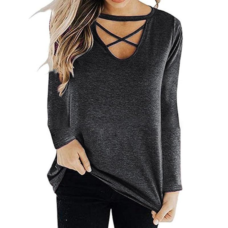Women's Elegant Long Sleeve T-Shirts Loose Fit Criss Cross V Neck Blouse, Comfortable Plain Tunic Top for Fall and Winter Office Wear