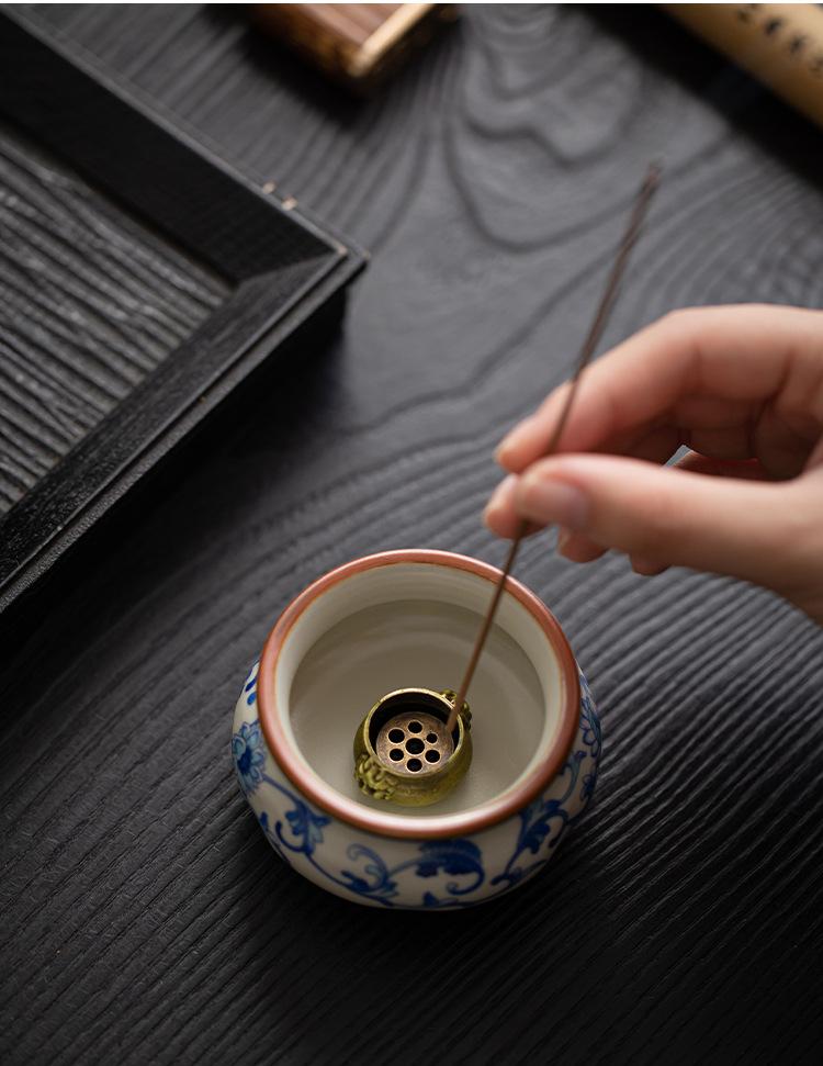 Xi Yuan Ji Blue and White Ru Kiln Incense Burner Stick Holder Three-Legged Sandalwood Censer for Home Indoor Tea Set Accessory incense stick