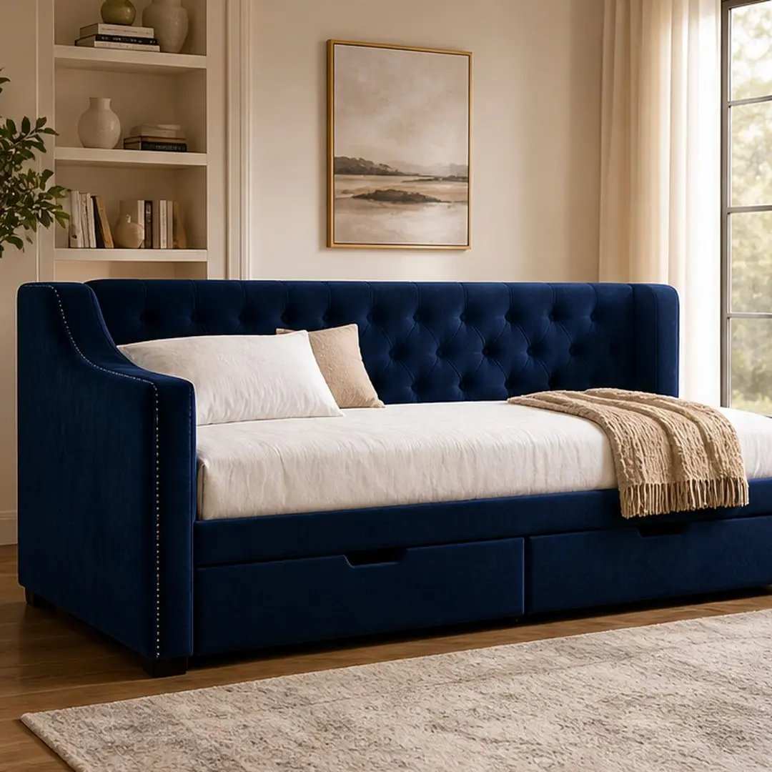 ARCH Full Size Storage Upholstered Tufted Bed Frame with Drawers, Velvet Dark Blue Daybed with Backrest and Armrests, No Box Spring Needed, Mid-Century Wood Frame for Bedroom Living Room, Full Bed Frame, Full Size Options, Dark Blue Color Options