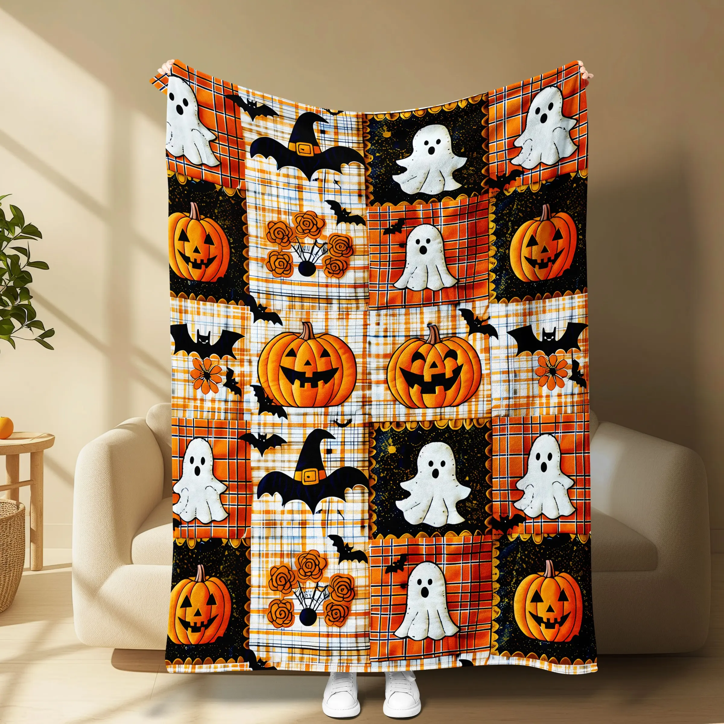 Halloween Pumpkin Ghost Plaid Patchwork Flannel Blanket, Cozy Soft Flannel, Perfect for Sofa Bed Office Nap, Halloween Theme Gift, Home Decor Blankets