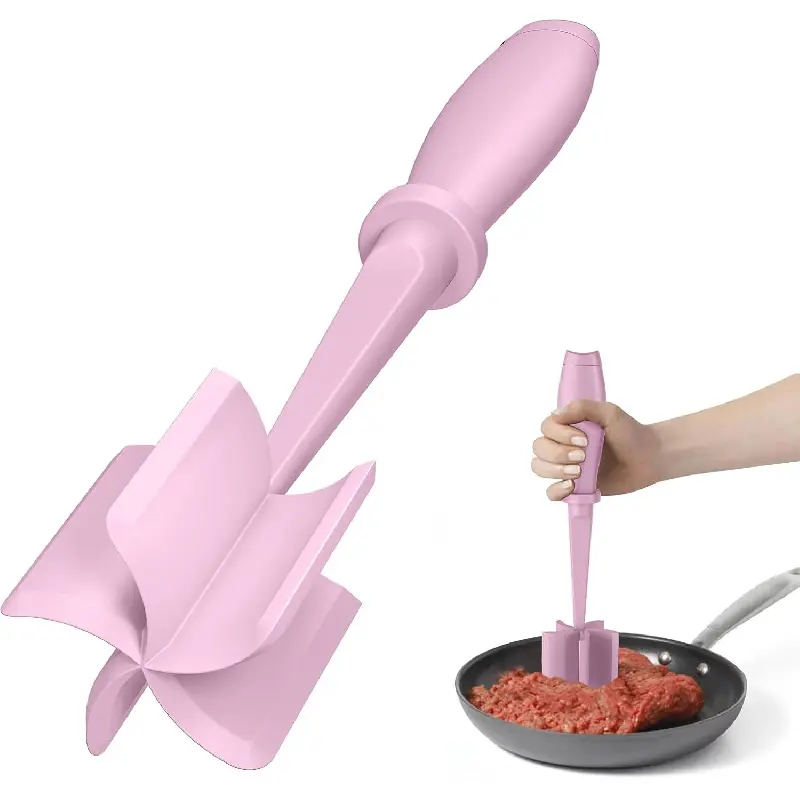 Premium Heat Resistant Nylon Meat Chopper in Pink, Non-Stick Ground Beef Smasher Hamburger Grinder, Versatile Kitchen Tool for Breaking Minced Meat, Mixing Potatoes and Making Burgers