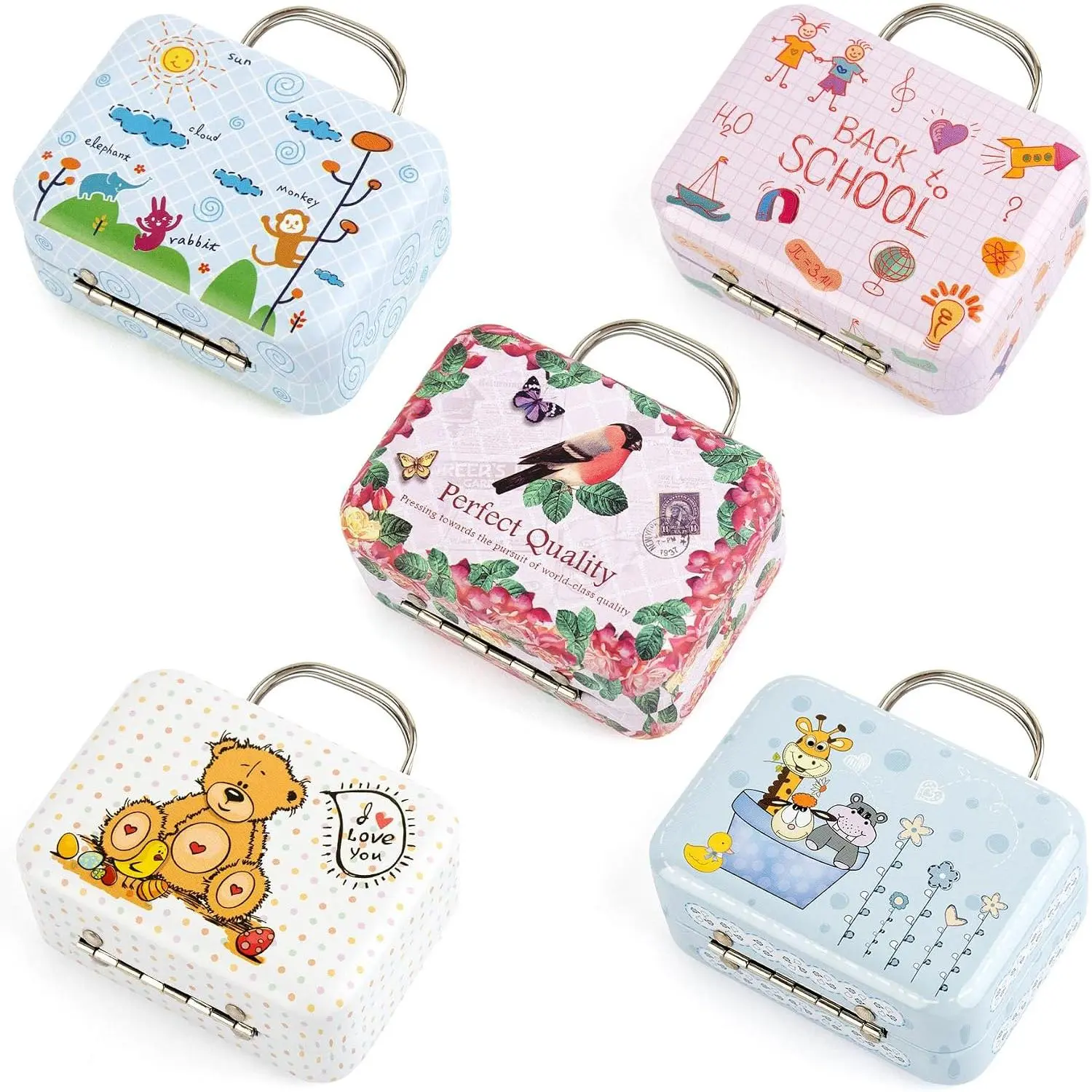 , 5 Pack Mini Suitcases Boxes Small Cartoon Tin Plate  Box Rectangular  Container Handbag with Handle for Party Wedding Decorations (Style C)