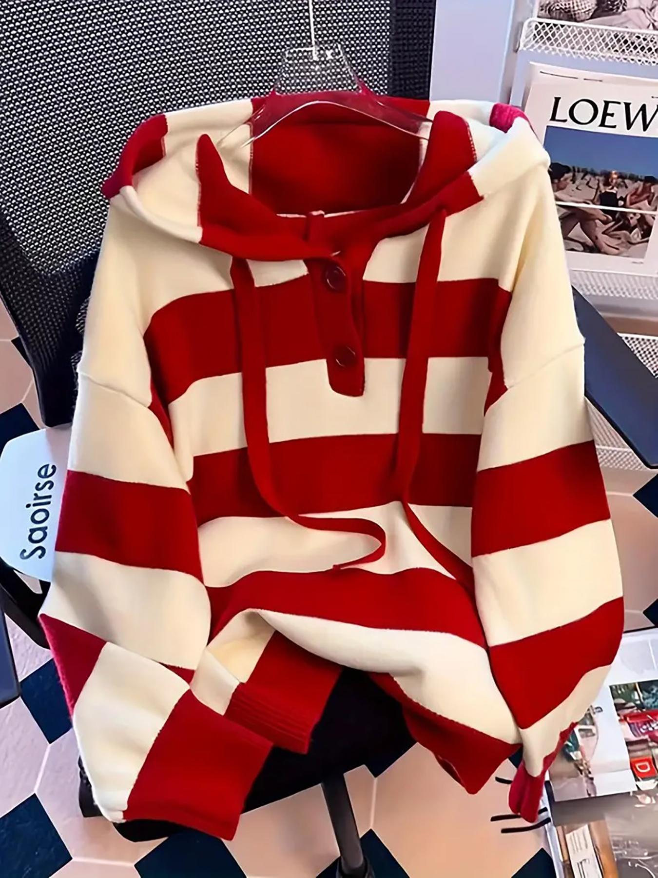 Autumn Winter New Design Hooded Knit Sweater, Color Block Striped Casual Soft Comfortable Elegant Women's Pullover, Colorblock Hoodie