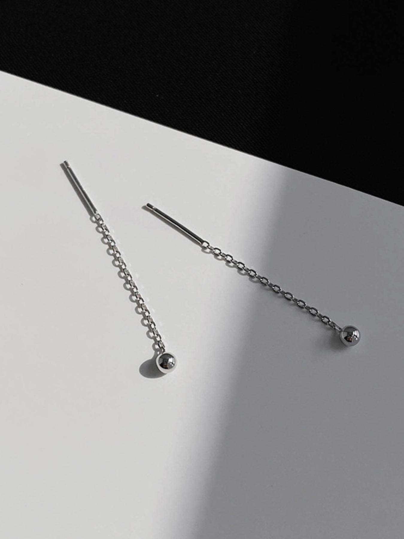 S999 Sterling Silver Round Bead Design Threader Earrings, Minimalist Line Earrings for Women, Trendy All-match & Exquisite Jewelry for Birthday Gift