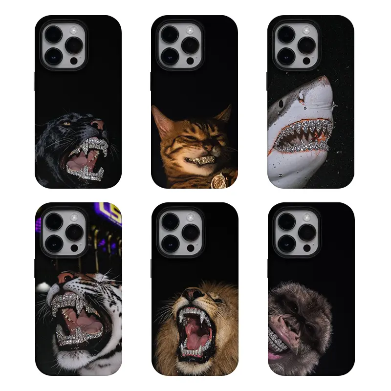 Cool Hip‑hop Wild Animal Grillz Diamond Teeth Phone Case, Panther Tiger Lion Shark Monkey Cat Trendy Dark Style Shockproof Protective Phone Cover Suitable for iPhone 17 Pro Max, Air 16, 15, 14, 13, 12, 11 Pro Max Plus / Samsung Galaxy, S25, S26, S24 Ultra