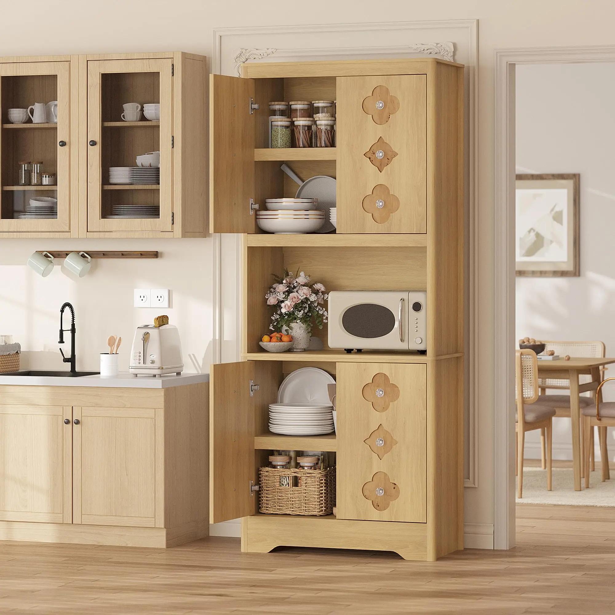 Freestanding 72 Inch Kitchen Pantry Cabinet Only, Wooden Storage Organizer with Open Shelves, Deep Compartments, Carved Doors and Crystal Handles, 4 Doors Furniture for Dining Room and Living Room, Light Oak Finish
