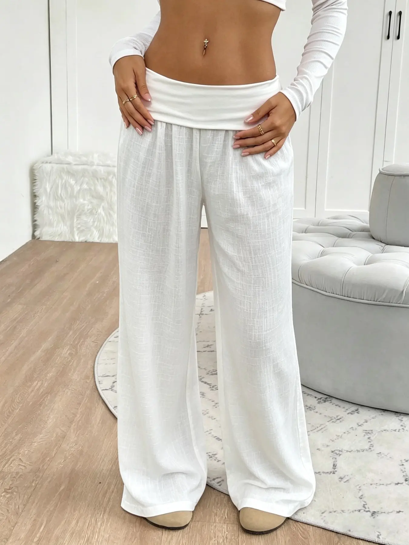 WhiteFoldOverWaistTexturedLinenFlowyWideLegPantsSummerBreathableLooseCasualDailyLoungeTrousersHighWaistFoldWaistLightweightSoftTexturedLinenBottomsBeachVaationRelaxFitOversizedPalazzoPantsWomenTrendyDailyStreetwearOutfitSoftComfyVacationWearLightAiryFabrc