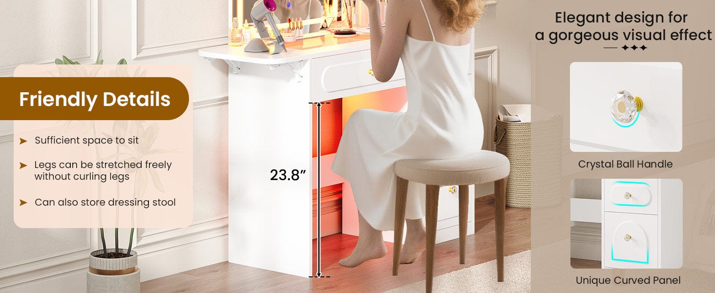 Arched Makeup Vanity with LED Lighted Mirror and Charging Station White