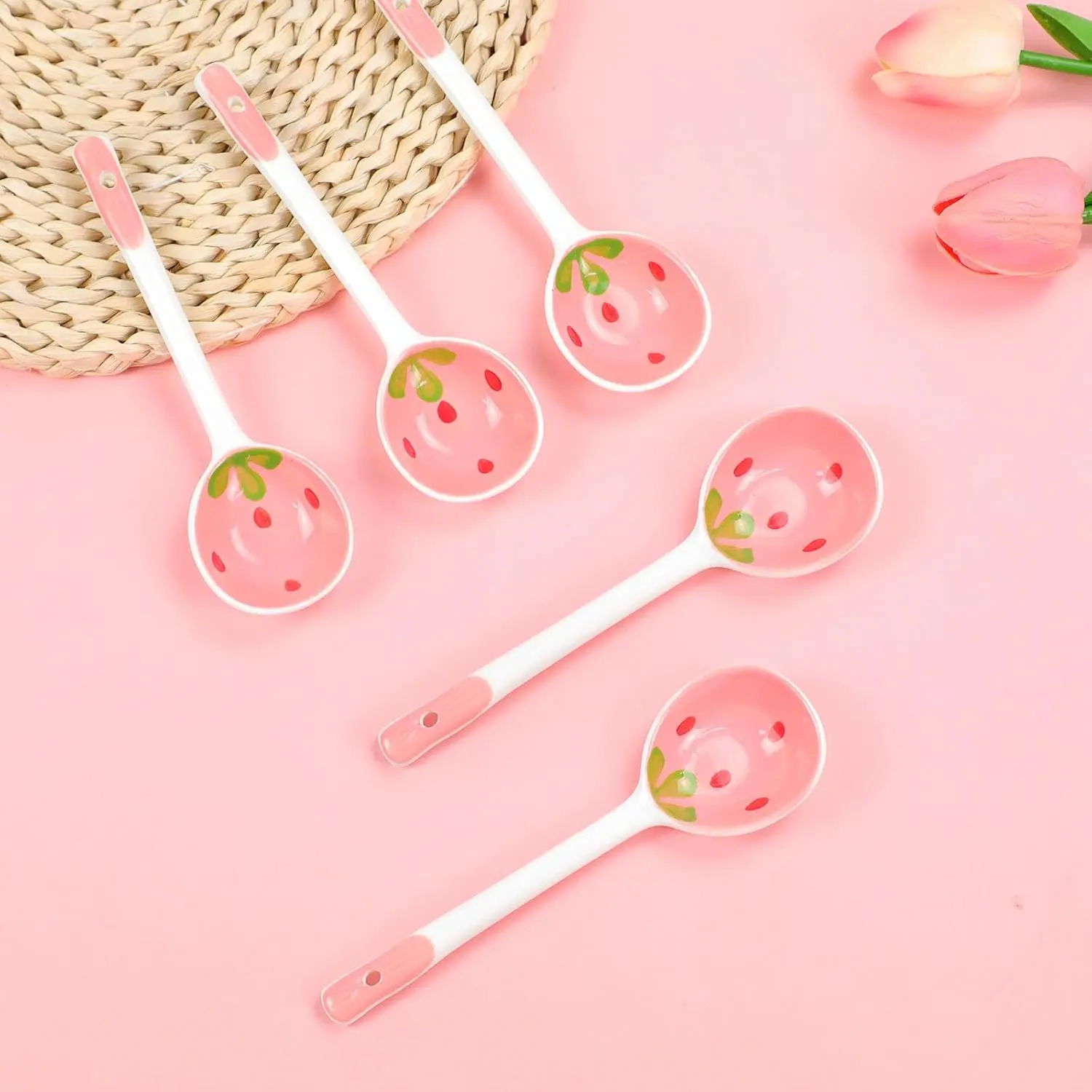 5 count Ceramic Soup Spoons Cute Strawberry Spoons Long Handle Porcelain Tablespoons  Dinnerware for Ice-cream Desserts Cereal Soup Yogurt (5)