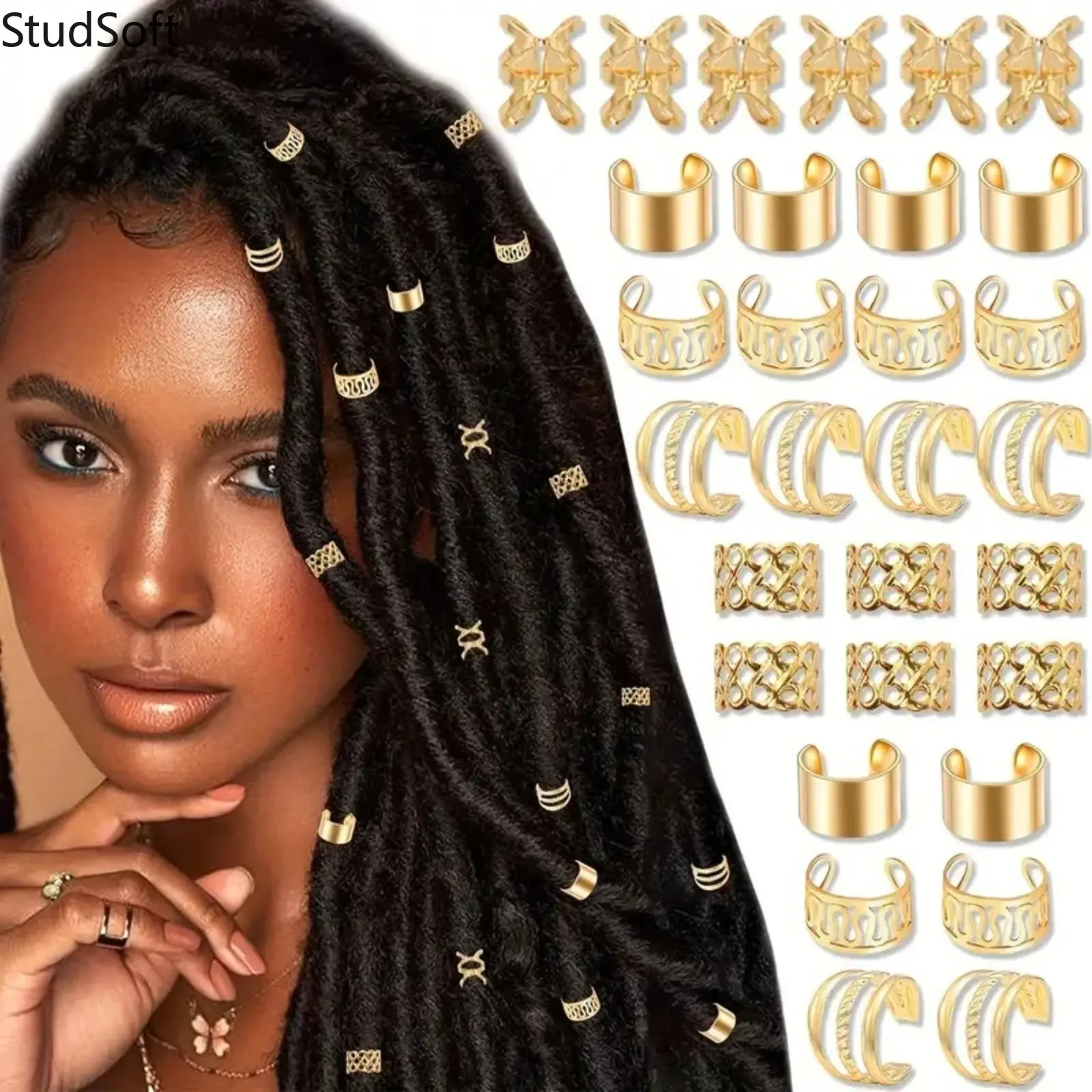 60Pcs Gold Braiding Hair Jewelry: Dreadlock Beads Cuffs with Butterfly Charms for Faux Locs Women Girls Music Festival Rave Hair Accessories