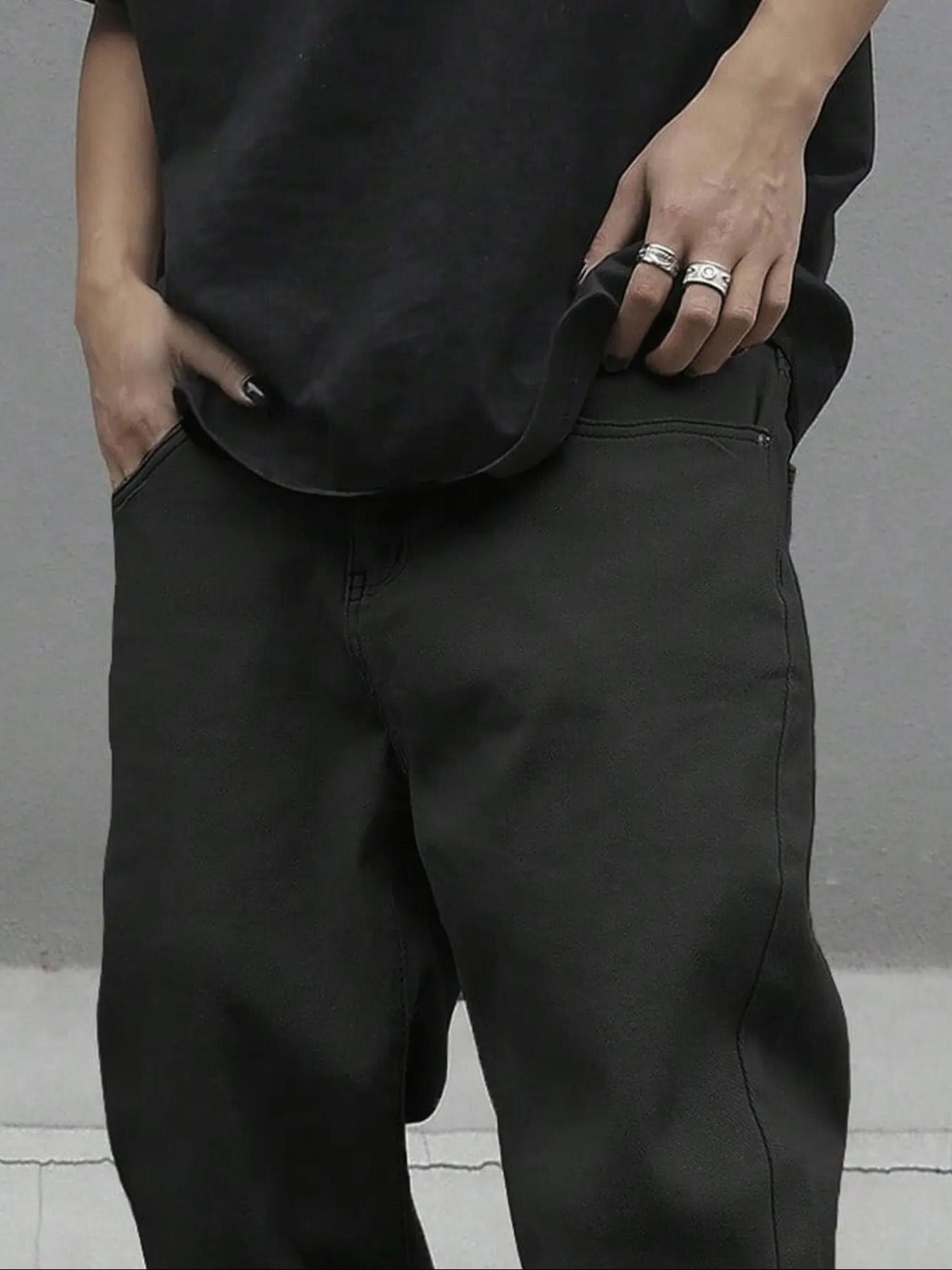 Men's Plain Solid Color Button-Fly Flared Jeans Pants - Slim-Fit & Casual Streetwear Style, Comfortable with Pockets, Featuring Frayed Cuff Design. Suitable for Daily Wear; Also a Versatile All-Season Bottom for Men (Extended Fit)