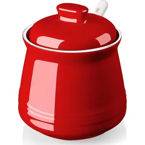 DAYYET Sugar Bowl with Lid and Spoon, 12 oz Ceramic Sugar Bowl with Spoon, Sugar Container for Coffee Bar, Sugar Jar Sugar Dispenser Bowl, Red Kitchen Decor and Accessories
