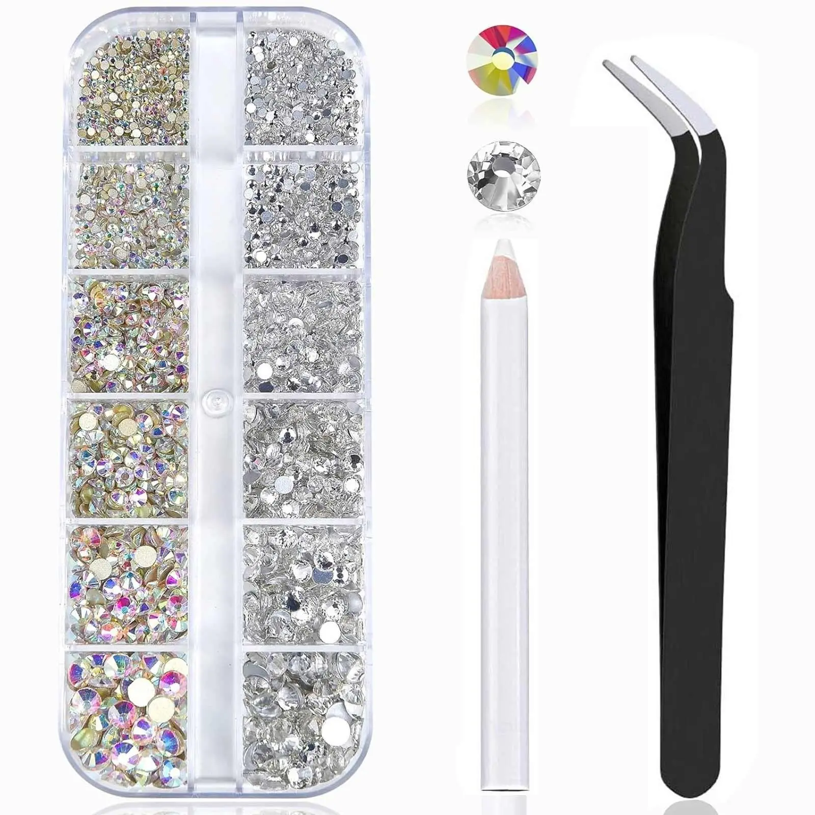 Sparkly Crystal Nail Art Rhinestones Set, 12 Grids Flat-Bottom Clear Diamonds Nail Decorations, DIY Manicure Kit Tweezers & Dotting Pen