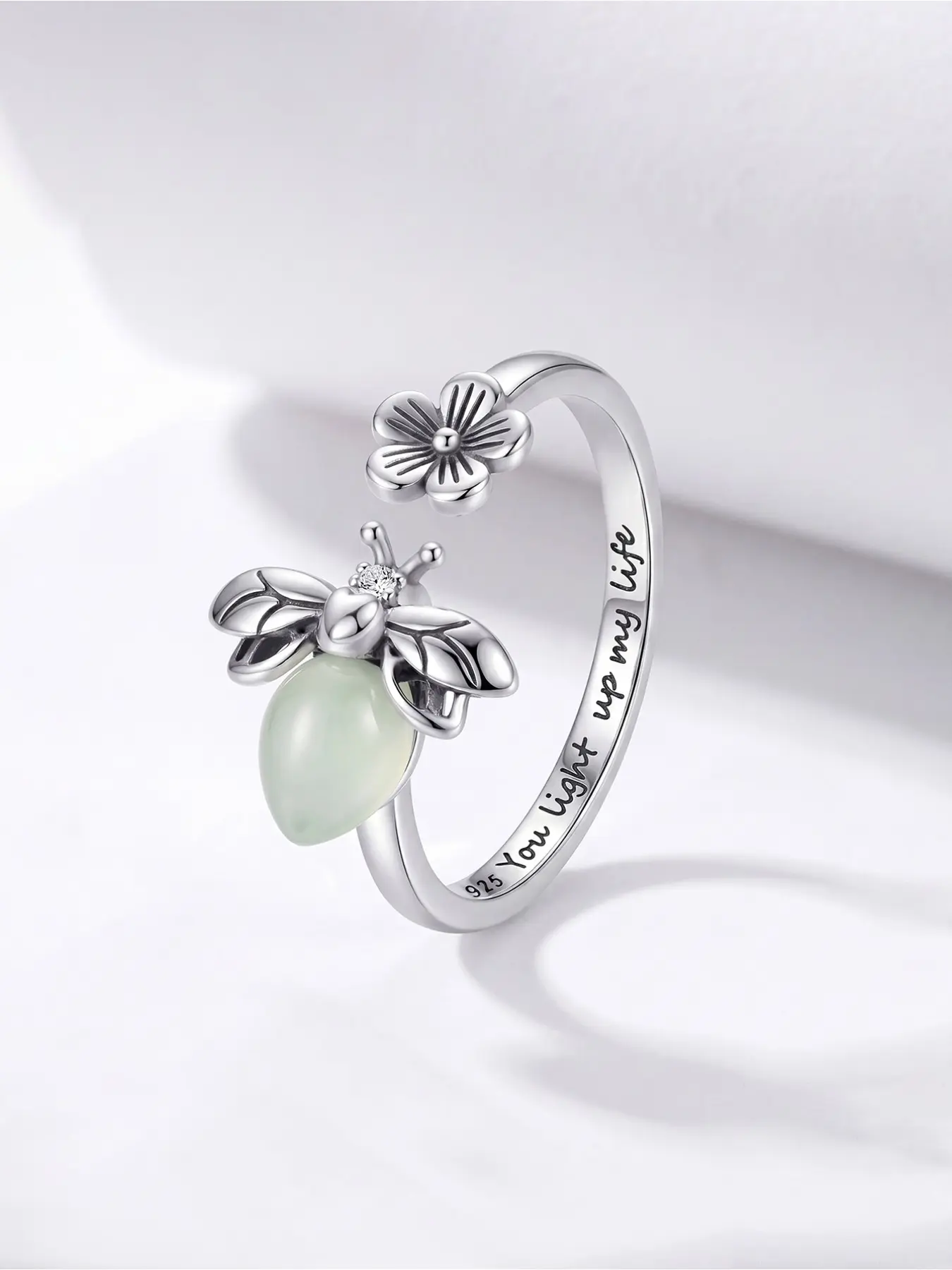 Adjustable Silver-Plated Firefly Ring with Luminous Stone, Zircon Accent, and Sweet Engraving, Great as a Romantic Gift, Beautiful Rings