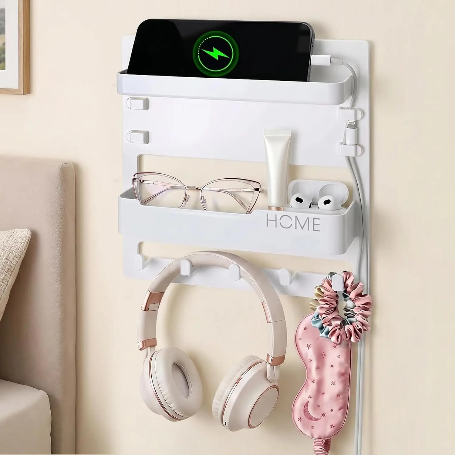 Bedside Wall Organizer Shelf Storage with  Clips, Dorm Room  Haves | No Drill, Bed Floating Nightstand, Remote Control Holder, Key Holder, Preppy Collage Dorm Room Decor Essentials