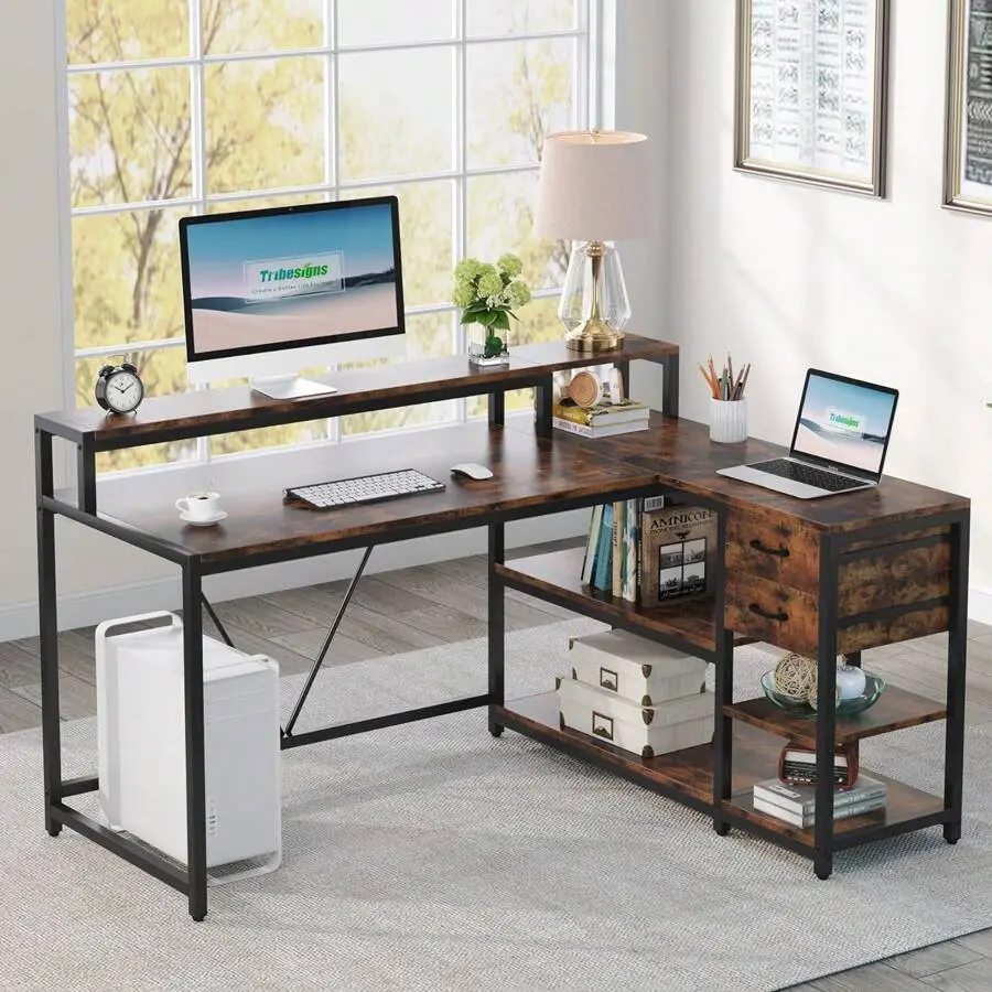 White Reversible L-Shaped Corner Desk with Storage Drawer, Metal Frame, MDF Board, Large Surface, Industrial Home Office Table with Storage Shelves and Monitor Stand for Small Spaces