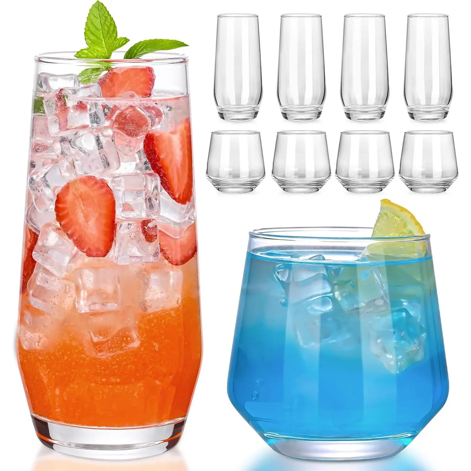 Drinking Glasses Set of 8,Clear 13 oz & 18oz Crystal Glass Cups,Drinkware Glassware,Highball Water Tumbler,Short Stemless Wine Glasses,for Beer,Cocktail,Whiskey,Juice and Various Mixed Drinks